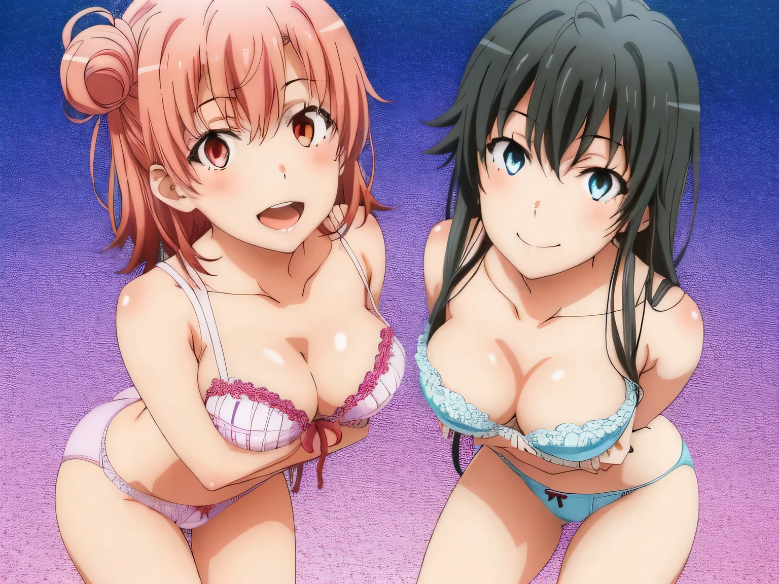 ((2 girls:1.0)), (Yuigahama Yui shapely breasts),(Yukinoshita Yukino),pin up,In underwear,pink panties,,Ribbon on panties,white panties,thighs,knees,front,looking at camera,(high angle),smile,open your mouth,Panoramic view of the head,beautiful eyes