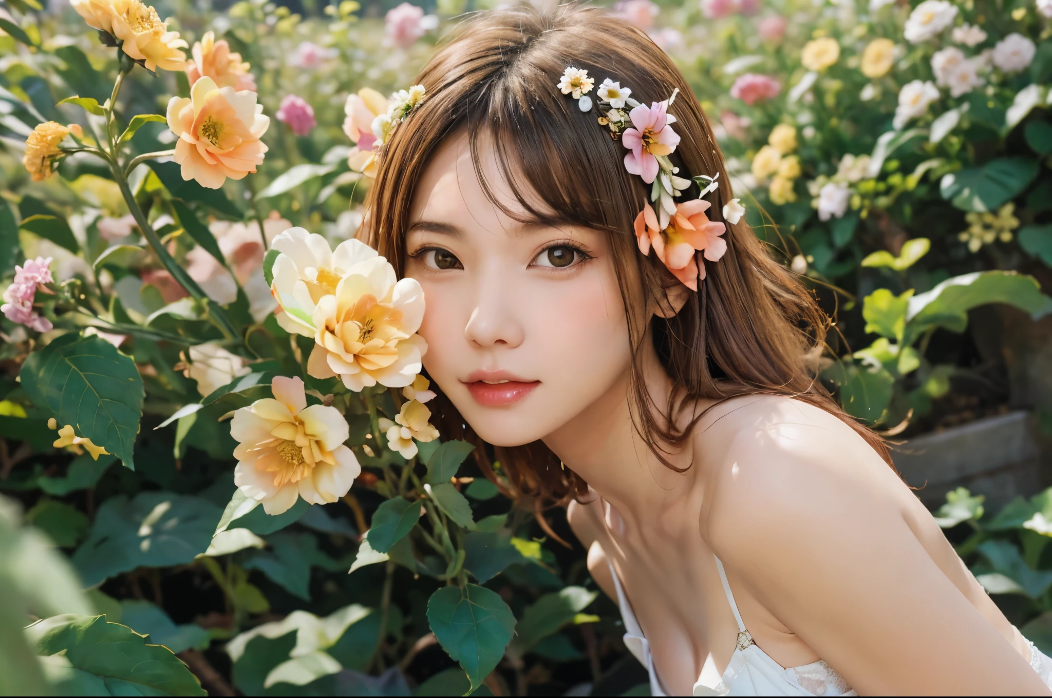 there is a woman with a flower in her hair posing for a picture, flowers on heir cheeks, woman in flowers, girl in flowers, with flowers, girl frontal in a flower field, in a field of flowers, female portrait with flowers, with yellow flowers around it, lovely delicate face, with frozen flowers around her, by Tan Ting-pho