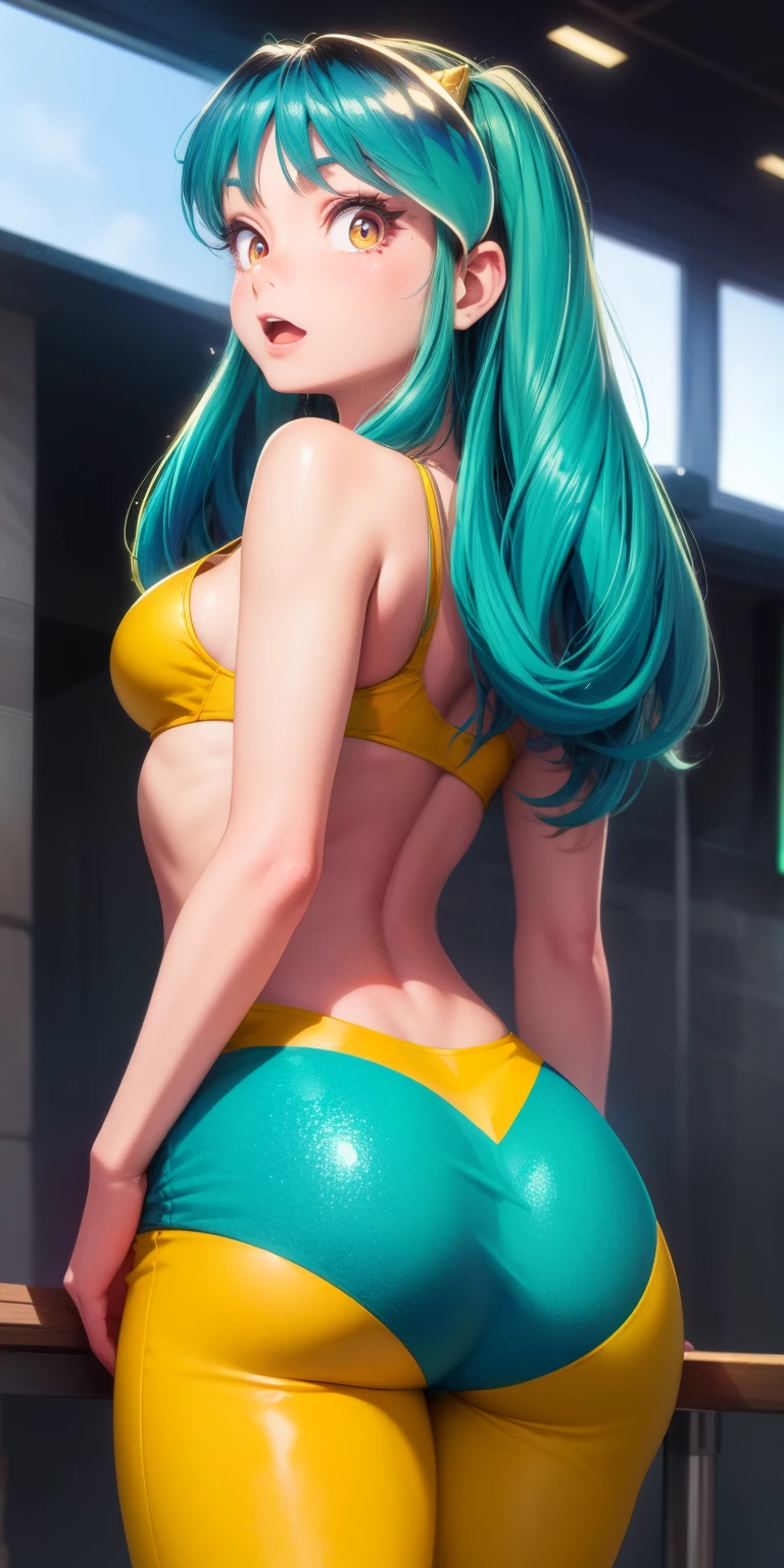 lum invader, detailed, realitsa, (bikini:.8), yellow clothes, masterpiece, best quality, hires, open mouth, tusk, ultra-detailed, multicolored eyes, beautiful eyes, detailed face, beautiful girl, big chest, blushing, (from four:.4) looking back, (emphasis on ass:.8)