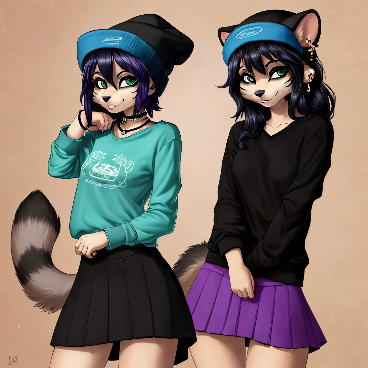 A drawing of an anthro furry raccoon girl, with blue dyed, black hair, ear piercings, and bracelets, wearing a loose fitting black beanie, baggy purple shirt, and a dark green pleated skirt