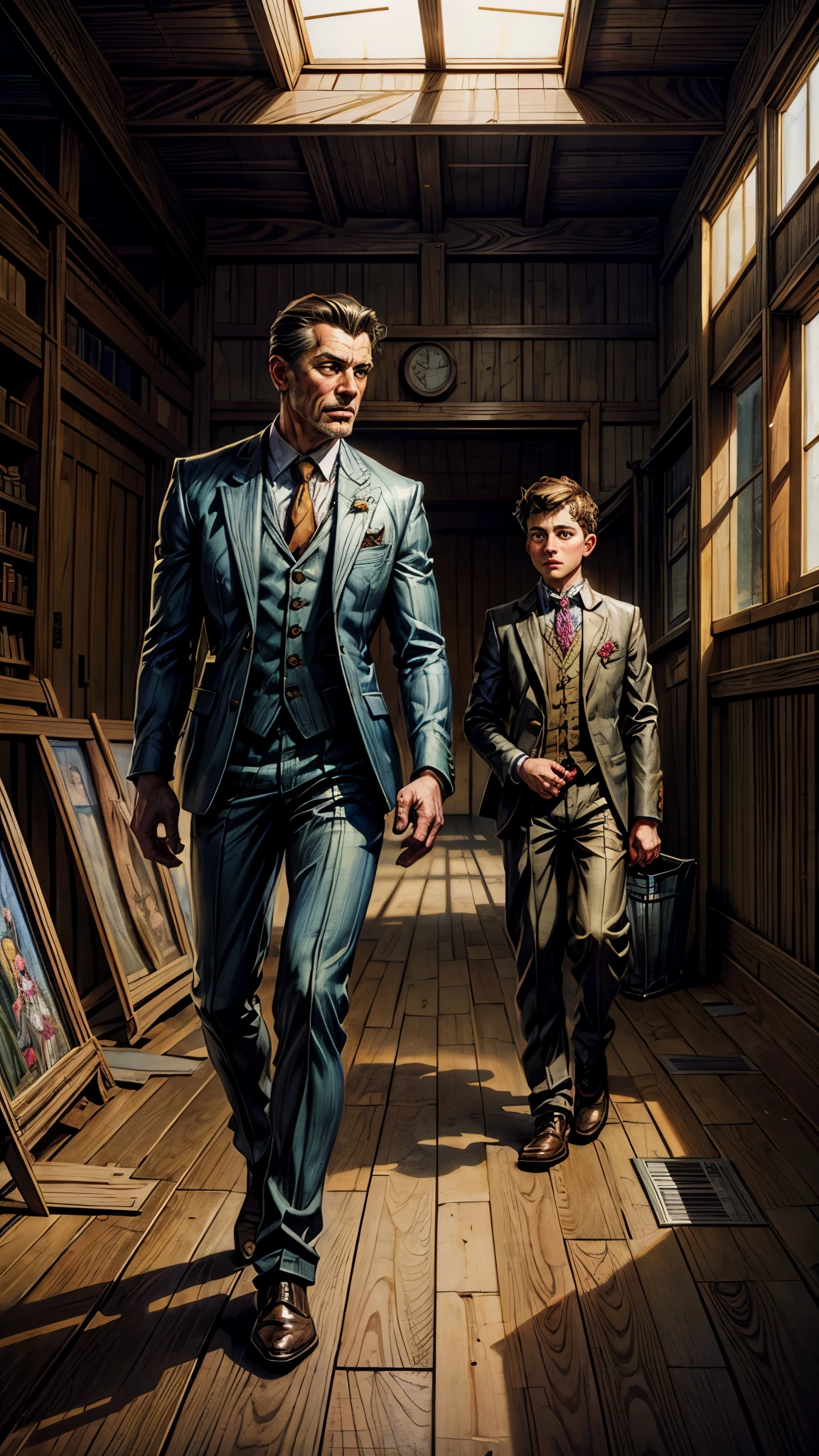 Ilustration of a man and a boy walking in a barn, inspired by Bob Byerley, style of dragan bibin, r /art, r / art, r/art, dressed in a suit, blacksad, he is wearing a suit, leaked, well - dressed, well dressed, pino daeni and dan mumford,  art
