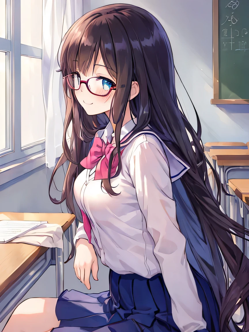 ((masterpiece)), ((highest quality)), (super detailed), (cute), figure, anime style, (beautiful eyes), Profile of the most beautiful girl in the class, Upper body, in the middle, Upper body focus, 1 girl, cute女の子, classroom, Blazer Uniform, sitting, beautiful straight long hair, dark blown hair, Glasses, slim, thin, Medium chest, blush, looks happy, smile.