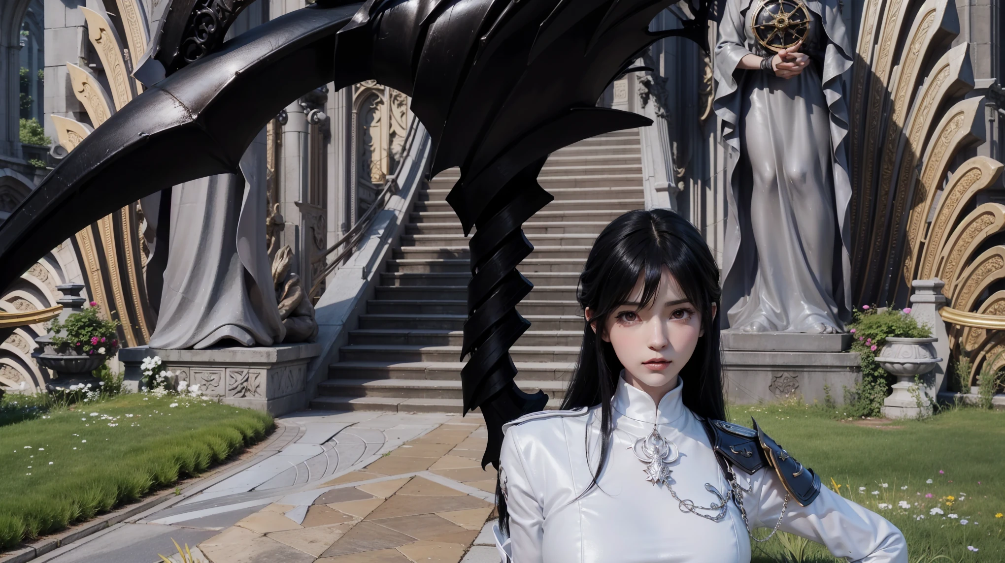 there is a woman standing in front of a giant dragon statue, the bad girl has wings&#39;ange noires, Portrait de Tifa Lockhart, albedo texture, long detailed black hair, 8,000 character details, mage aux cheveux noirs, Tifa Lockhart aux cheveux blancs, Behind it a Gothic cathedral, ffxiv heavensward, inspired by Li Mei-shu, albedo