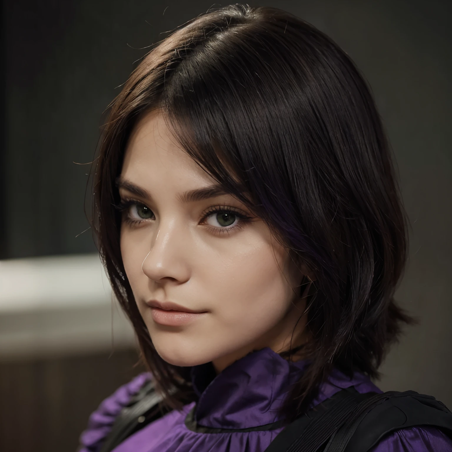 Crie uma personagem estilo carton cabelo loiro curto liso, greenish eyes purple blouse with a 4m symbol, a black mask,