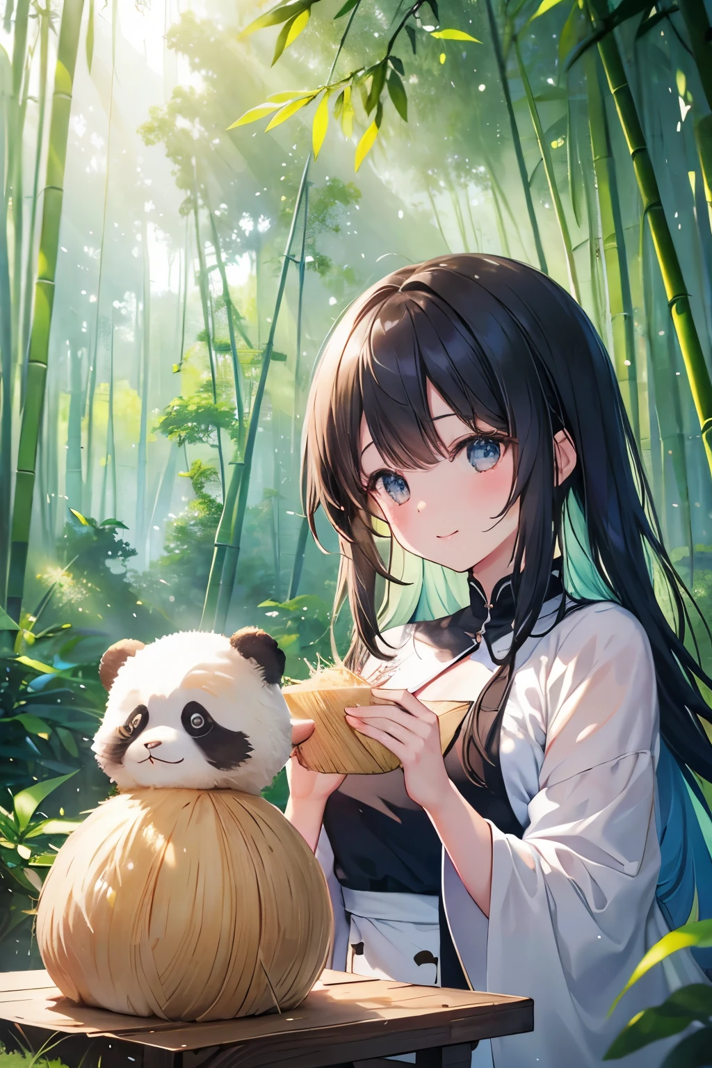 masterpiece, adorable, high resolution, ultra-detailed, 1.4 Realistic/Photorealistic, 4K, bamboo forest, cute panda, rolling around, expressing joy and contentment, fondly interacting with the bamboo shoots, sunlight filtering through the trees, creating a warm and inviting atmosphere, capturing the essence of pure happiness and playfulness. silken fur textures, distant mountains, vibrant green foliage, delicate bamboo shoots, pale blue sky, captivating cuteness, heartwarming moment.