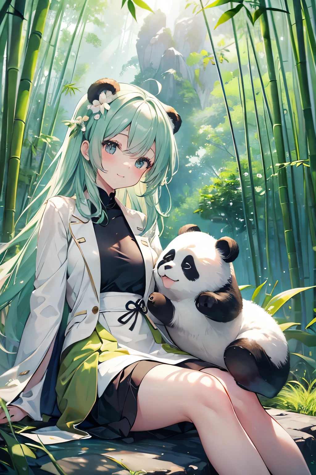 masterpiece, adorable, high resolution, ultra-detailed, 1.4 Realistic/Photorealistic, 4K, bamboo forest, cute panda, rolling around, expressing joy and contentment, fondly interacting with the bamboo shoots, sunlight filtering through the trees, creating a warm and inviting atmosphere, capturing the essence of pure happiness and playfulness. silken fur textures, distant mountains, vibrant green foliage, delicate bamboo shoots, pale blue sky, captivating cuteness, heartwarming moment.