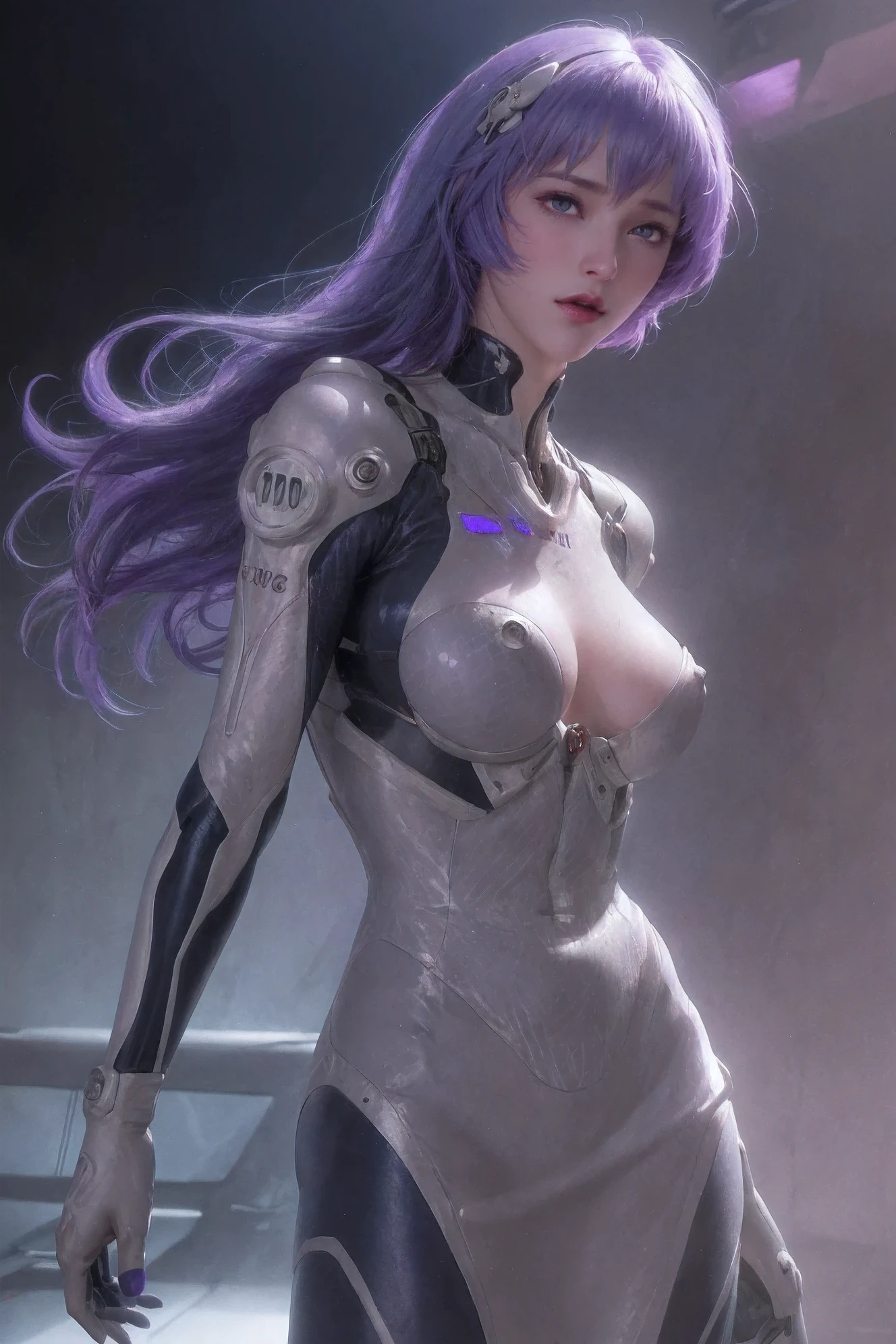 cowboy shot,rei ayanami,adult version,20 years old,evangelion body suit,dark,purple hair,beautiful detailed eyes,beautiful detailed lips,extremely detailed eyes and face,long eyelashes,serious expression,futuristic city backdrop,neon lights,blue and purple color palette,studio lighting,vivid colors,ultra-detailed,realistic,photorealistic,photo-realistic,Raw,16K,ultra high res,cinematic shot,twilight lighting,volumetric lighting,dramatic lighting,(photorealistic,realism,depth_of_field:1.5),