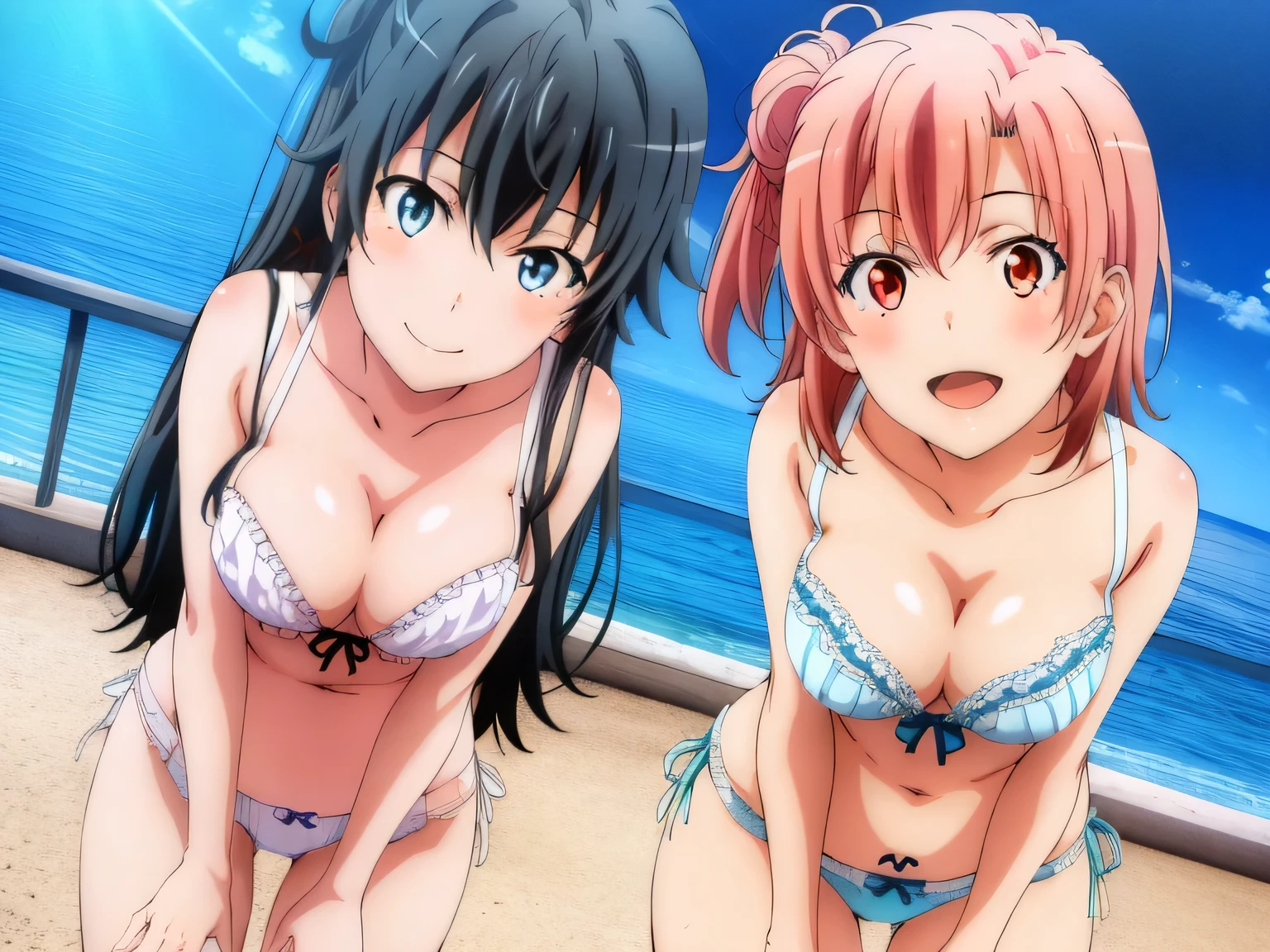 ((2 girls:1.0)), (Yuigahama Yui shapely breasts),(Yukinoshita Yukino),pin up,In underwear,white panties,,Ribbon on panties,light blue panties,thighs,knees,front,looking at camera,(high angle),smile,open your mouth,Panoramic view of the head,beautiful eyes
