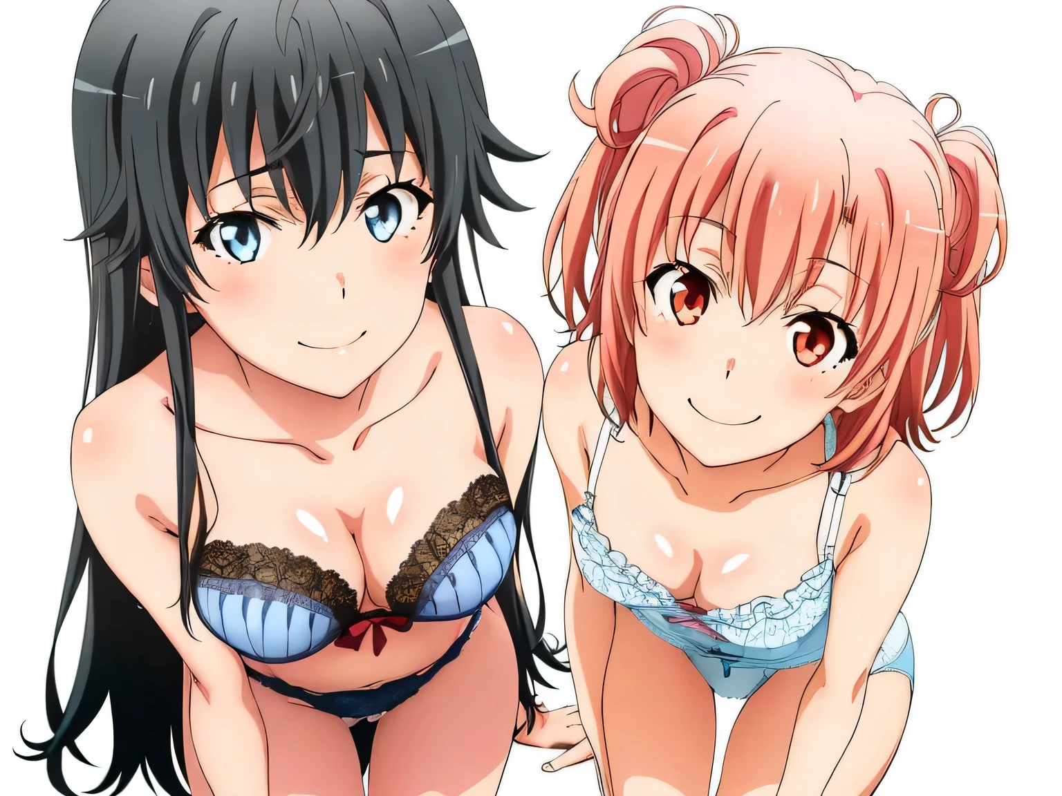 ((2 girls:1.0)), (Yuigahama Yui shapely breasts),(Yukinoshita Yukino),pin up,In underwear,white panties,,Ribbon on panties,light blue panties,thighs,knees,front,looking at camera,(high angle),smile,open your mouth,Panoramic view of the head,beautiful eyes