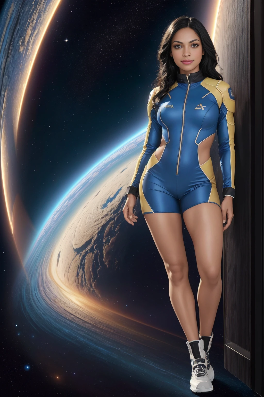 (((full body photo)))  professional photo of Rosario Dawson), sks woman, space costume,
detailed skin, detailed eyes, finely detailed hair,
volumetric light, highrez, masterpiece, best quality,
