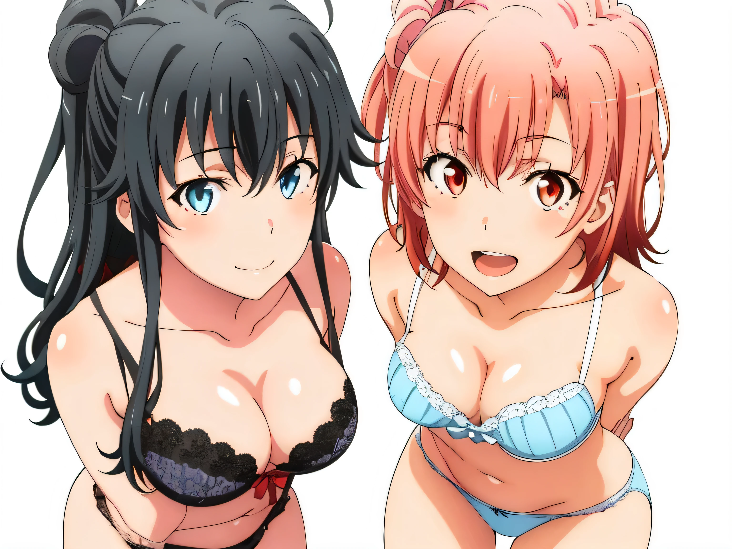 ((2 girls:1.0)), (Yuigahama Yui shapely breasts),(Yukinoshita Yukino),pin up,In underwear,white panties,,Ribbon on panties,light blue panties,thighs,knees,front,looking at camera,(high angle),smile,open your mouth,Panoramic view of the head,beautiful eyes