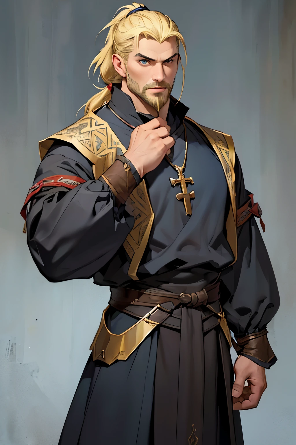 MASTERPIECE, Medieval background, Old, ((facial shaved hair)) ((realistic)), Waist, 1man, solo, male, strong, ((mature male)), ((blonde)), ((short ponytail)), Straight posture, detailed blue eyes, medieval outfit)), ((priest)) ((determinated face)), ((facial hair)), ((Clerig outfit))