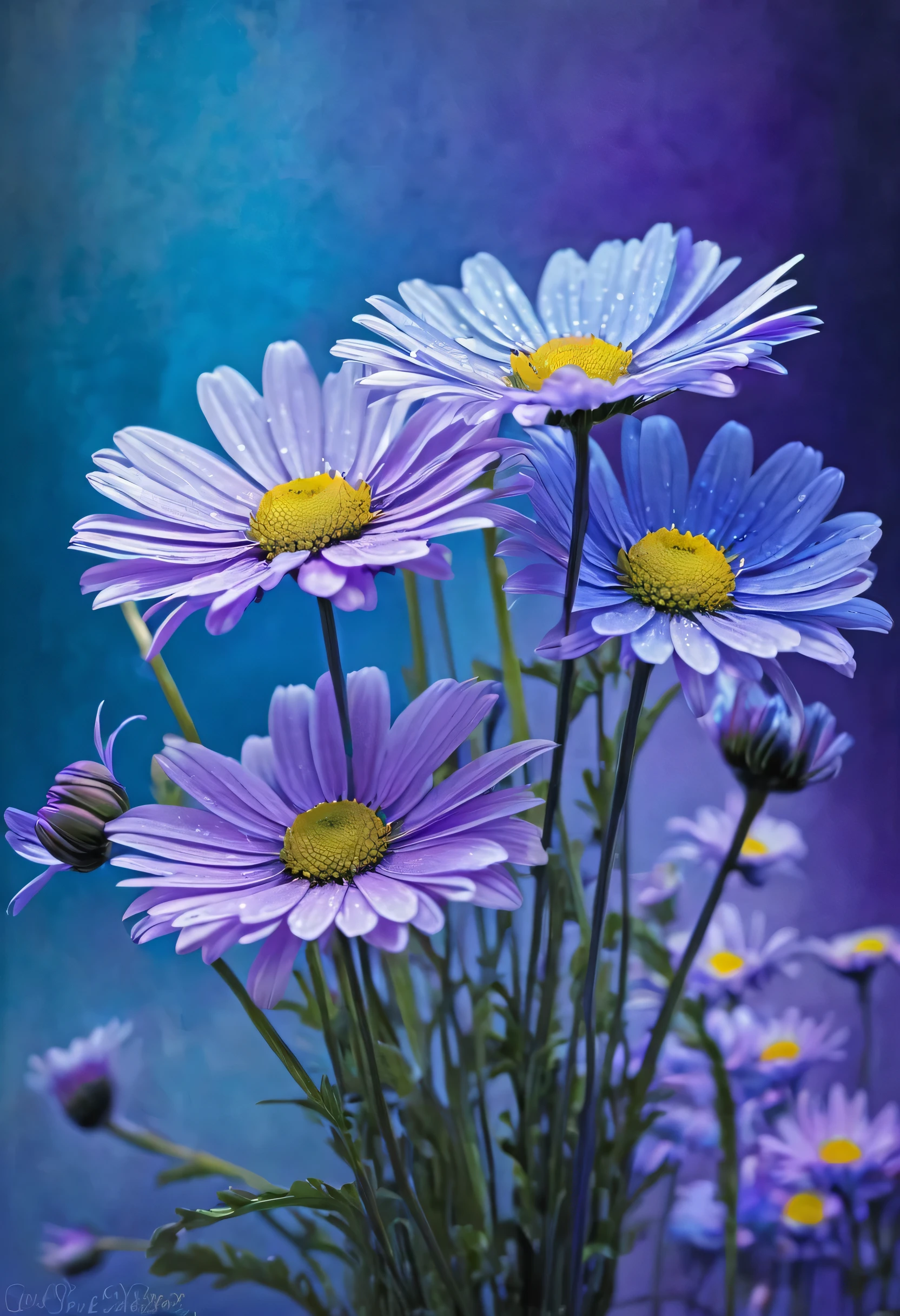 Marguerites éthérées dans les tons de bleu et violet