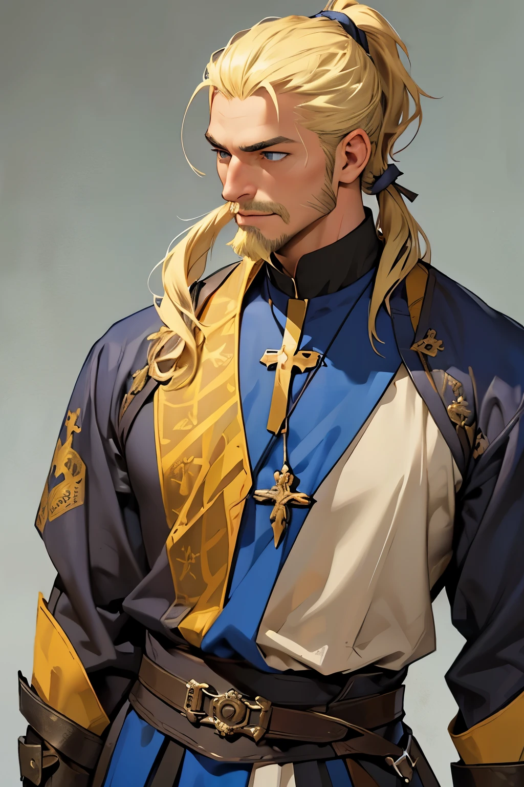 MASTERPIECE, Medieval background, Old, ((facial shaved hair)) ((realistic)), Waist, 1man, solo, male, strong, ((mature male)), ((blonde)), ((short ponytail)), Straight posture, detailed blue eyes, medieval outfit)), ((priest)) ((determinated face)), ((facial hair)), ((Clerig outfit))