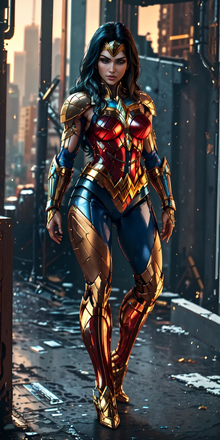 (((full body photo))) Wonder Woman stands imposingly in a Themyscira city. The day highlights your muscles and scars. The setting is lush and mysterious, with futuristic technology and surroundings. The camera details everything, a warrior woman, in front of you.