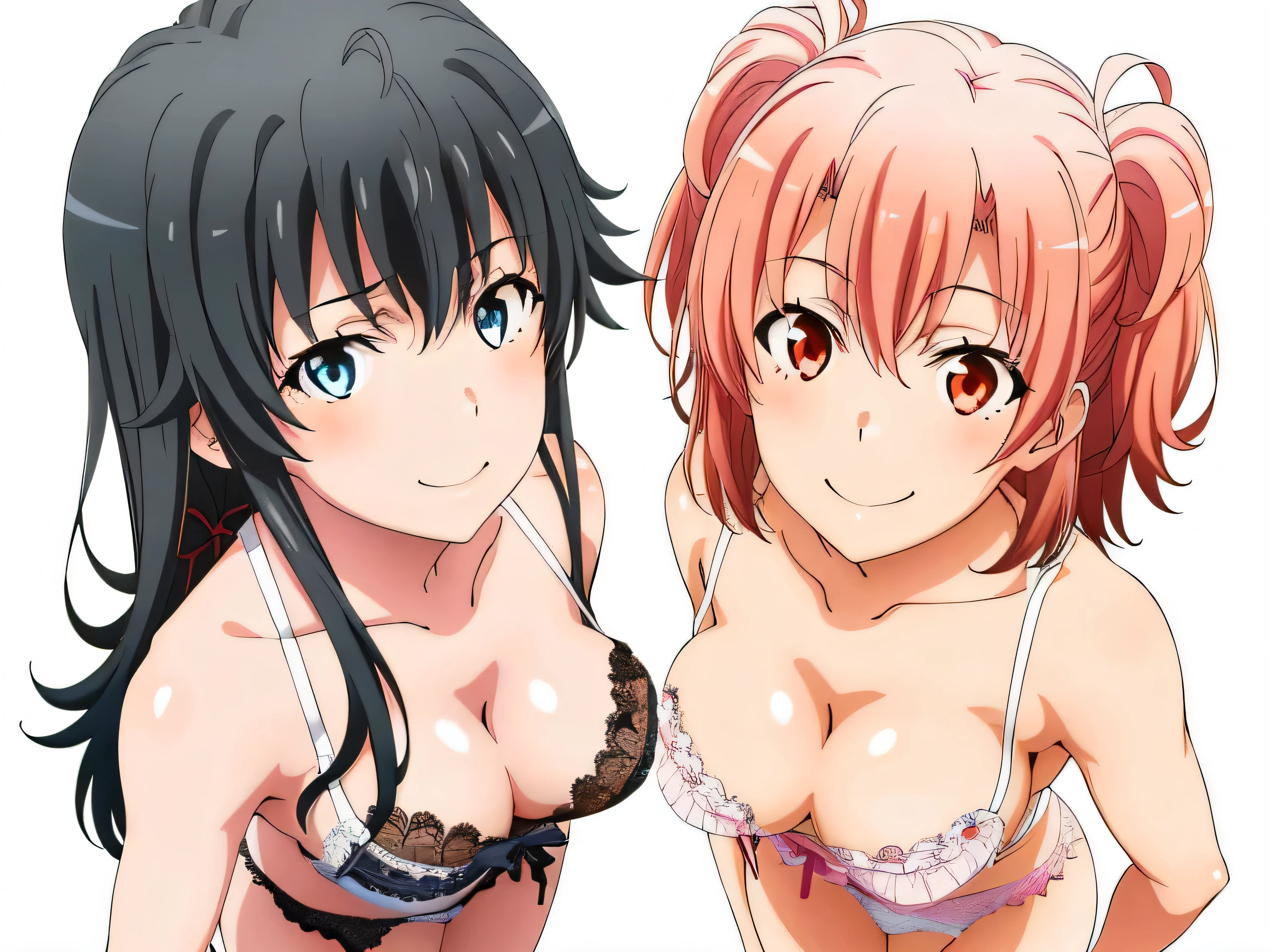 ((2 girls:1.0)), (Yuigahama Yui shapely breasts),(Yukinoshita Yukino),In underwear,white panties,,Ribbon on panties,pink panties,thighs,knees,front,looking at camera,(high angle),open your mouth,smile,Panoramic view of the head,beautiful eyes