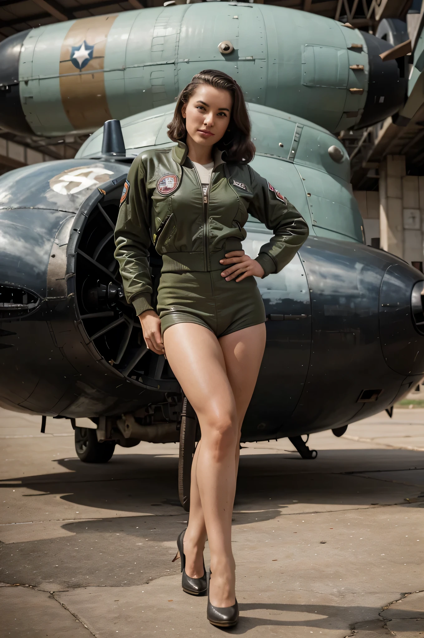 1940's beautiful and fit bomber pilot posing in front of bomb. photo realistic, full body