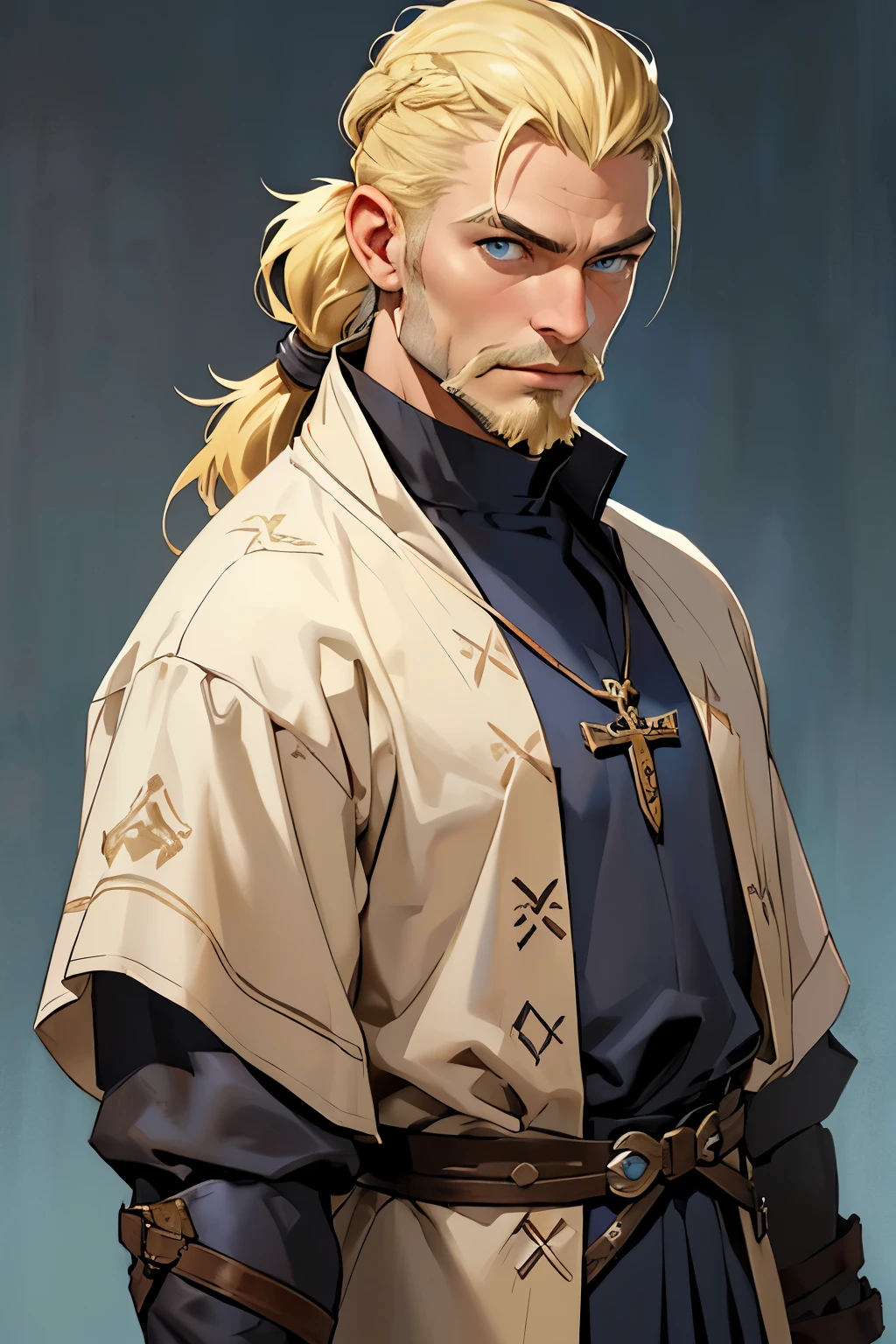 MASTERPIECE, Medieval background, Old, ((facial shaved hair)) ((realistic)), Waist, 1man, solo, male, strong, (( male)), ((blonde)), ((short ponytail)), Straight posture, detailed blue eyes, medieval outfit)), ((priest)) ((determinated face)), ((facial hair)), ((Clerig outfit))