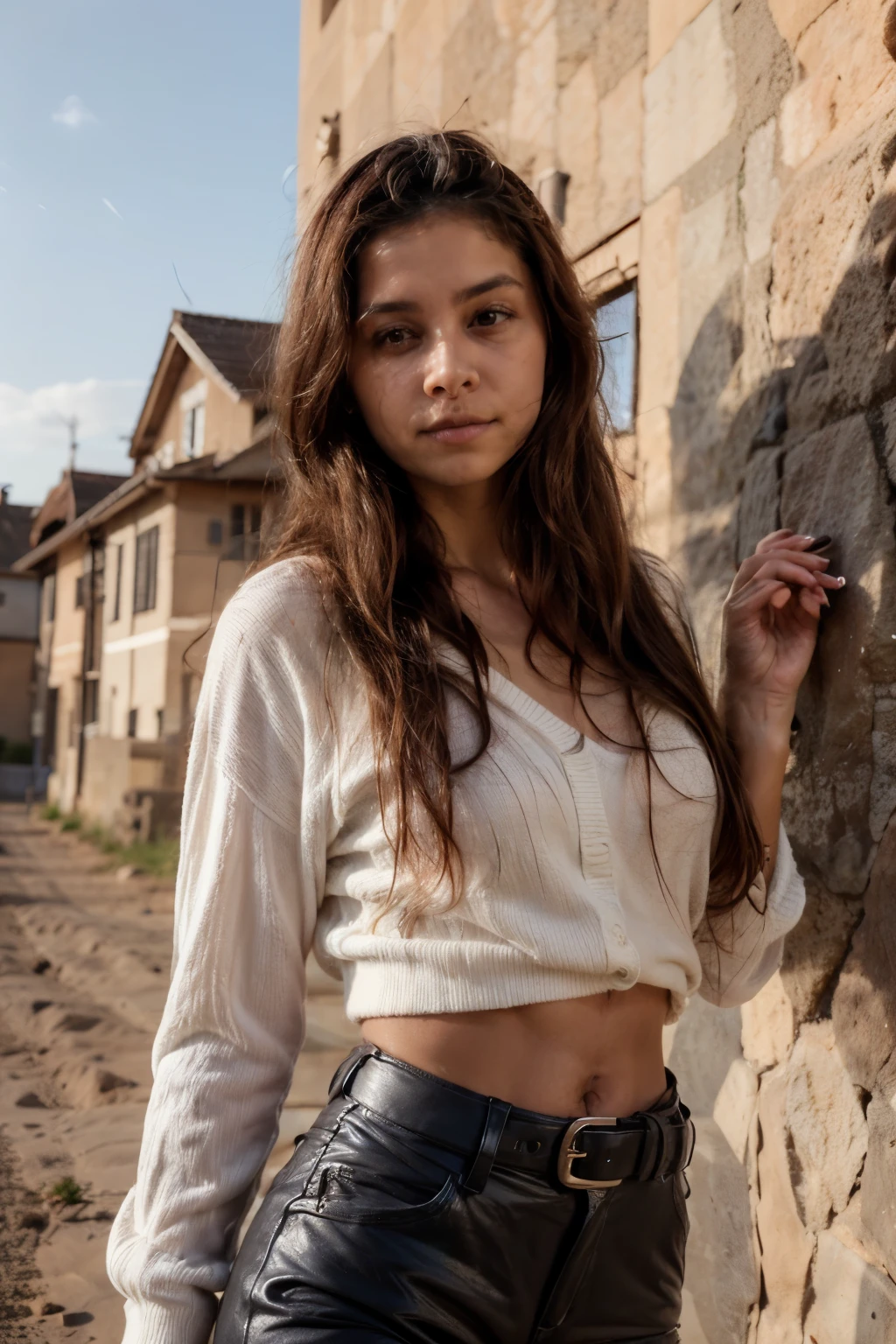 bigfaketits, primeiro plano: Uma linda mulher europeia, 18 anos, cabelos ondulados molhados ao vento. She is a men&#39;s magazine model, She has a subtle smile and flirts with the camera, (She wears casual shirt with long woolen sweater and latex pants with big belt:1.2),fundo lindo quarto moderno, Olhos perfeitos, perfect hands, corpo perfeito, cabelo perfeito, peito perfeito, hair behind the ear, Ultra HD, Retina, obra de arte, Preciso, anatomicamente correto, Pele Texturizada, Super detalhe, Detalhes altos, alta qualidade, premiado, melhor qualidade, high resolution, 16K, 8K,