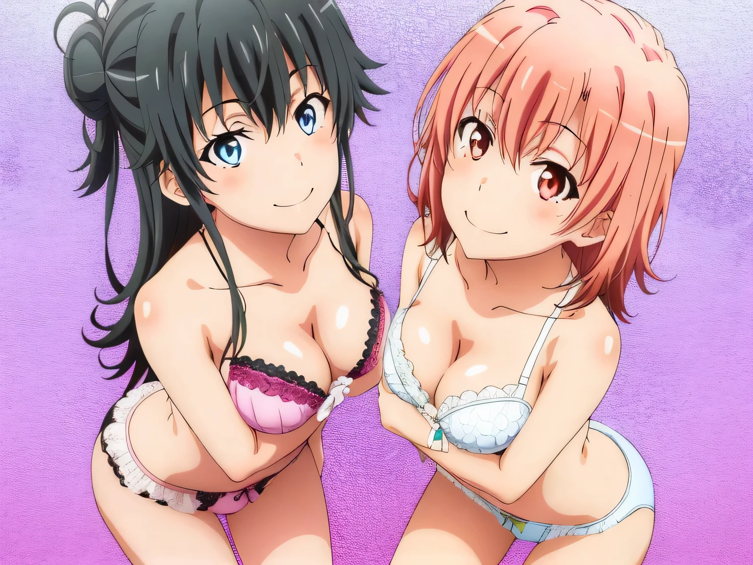 ((2 girls:1.0)), (Yuigahama Yui shapely breasts),(Yukinoshita Yukino),In underwear,no background,pure white panties,,Ribbon on panties,pink panties,thighs,knees,front,looking at camera,(high angle),open your mouth,smile,Panoramic view of the head,beautiful eyes