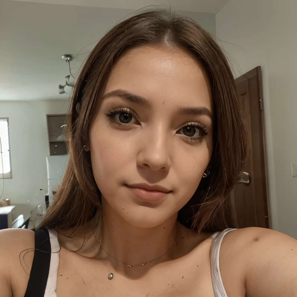 Selfies de qualidade mediana de uma garota bonita de cabelos e olhos castanhos com um piercing no nariz fzendo joinha do lado do rosto com a mao direita imagem realista