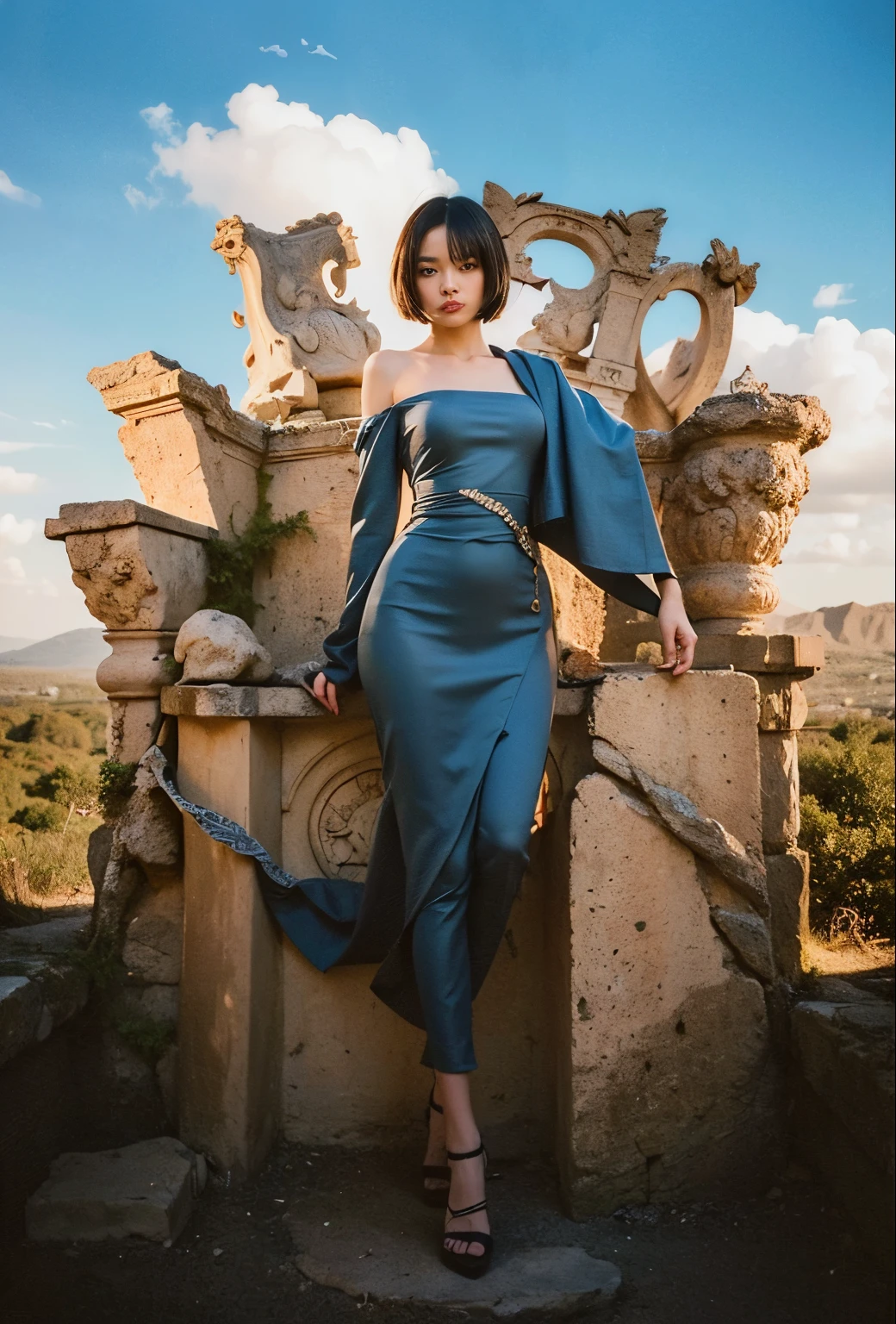 (Best quality, 8k, 32k, Masterpiece, UHD:1.2) "Generate a captivating artwork featuring a young Japanese girl model with short, sleek black hair styled in a chic bob haircut. Envision her bathed in dramatic cinematic lighting, creating an atmosphere of allure and mystery. Emphasize a romantic aesthetic vibe, showcasing the model in a poised and elegant pose that evokes a sense of intimacy and sophistication. Utilize warm and soft tones to enhance the romantic ambiance, and consider incorporating elements like flowing fabrics or flowers to add a touch of ethereal beauty. Capture the essence of romance and beauty through the model's expression, the play of light and shadows, and the overall aesthetic, creating a visually compelling and emotionally resonant piece." (perfect eyes), flawless skin, flawless face, cinematic, tight body, ((well-proportion female hands)), ((female hands with five digits)) ((Body is well proportioned)), ((chic bob haircut)), soft focus ((wet)), ((swimsuit))