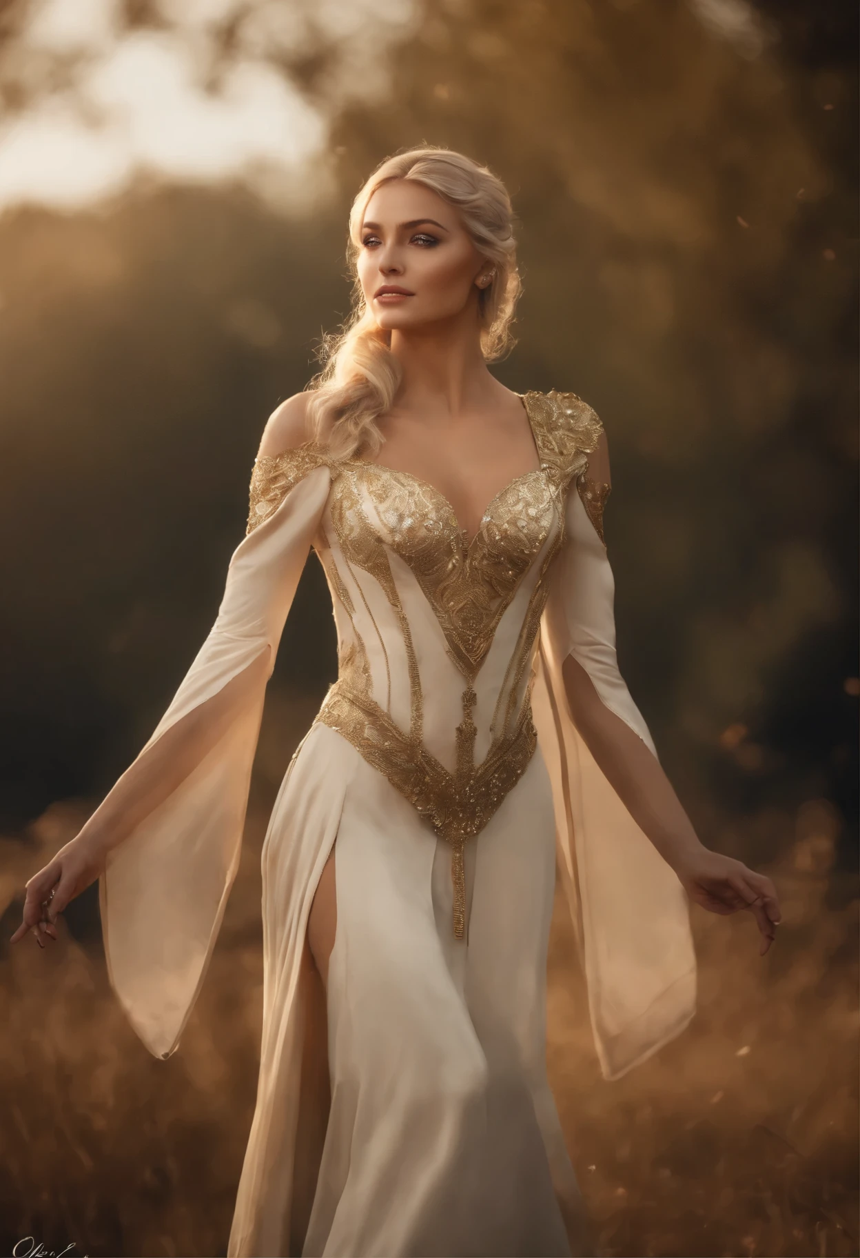 mulher loira com um vestido dourado, V-neckline to the navel, vendas laterais, seis grandes, posando em um campo, inspirado em prostituta dos reis e nobres, obras de arte no estilo de guweiz, princesa de cabelos loiros, olhos azuis, cores vibrantes, karol bak uhd, Deusa Loira, estilo de arte de fantasia, linda donzela de fantasia, wlop e ross tran, blonde elven empress, linda mulher de anime sedutora, inspirado em WLOP, O primeiro trabalho de Guweiz, realistic fantasy rendering, cinematic quality