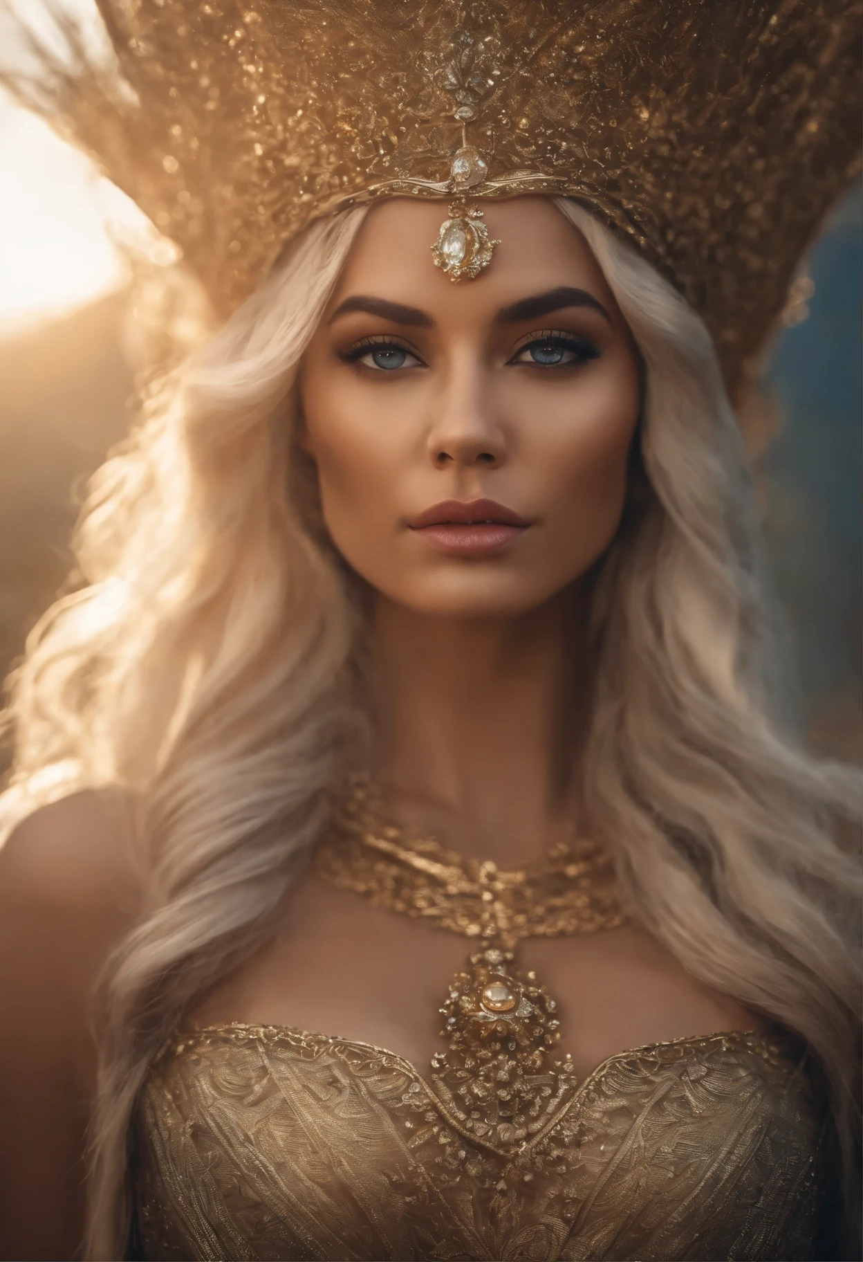 mulher loira com um vestido dourado, V-neckline to the navel, vendas laterais, seis grandes, posando em um campo, inspirado em prostituta dos reis e nobres, obras de arte no estilo de guweiz, princesa de cabelos loiros, olhos azuis, cores vibrantes, karol bak uhd, Deusa Loira, estilo de arte de fantasia, linda donzela de fantasia, wlop e ross tran, blonde elven empress, linda mulher de anime sedutora, inspirado em WLOP, O primeiro trabalho de Guweiz, realistic fantasy rendering, cinematic quality