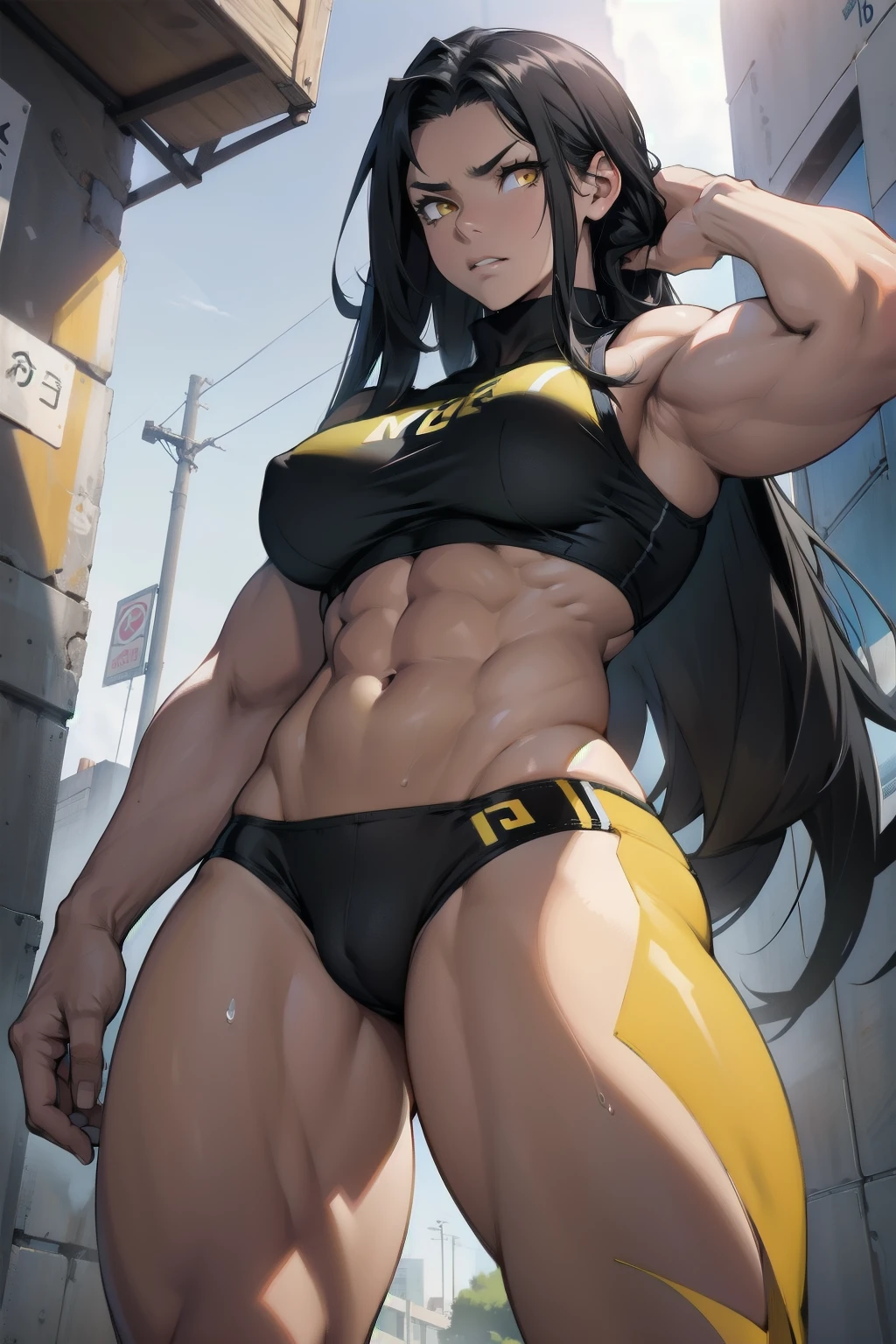 girl ((muscular)) thick thighs toned body breasts black hair yellow eyes athletic sad extremely long hair