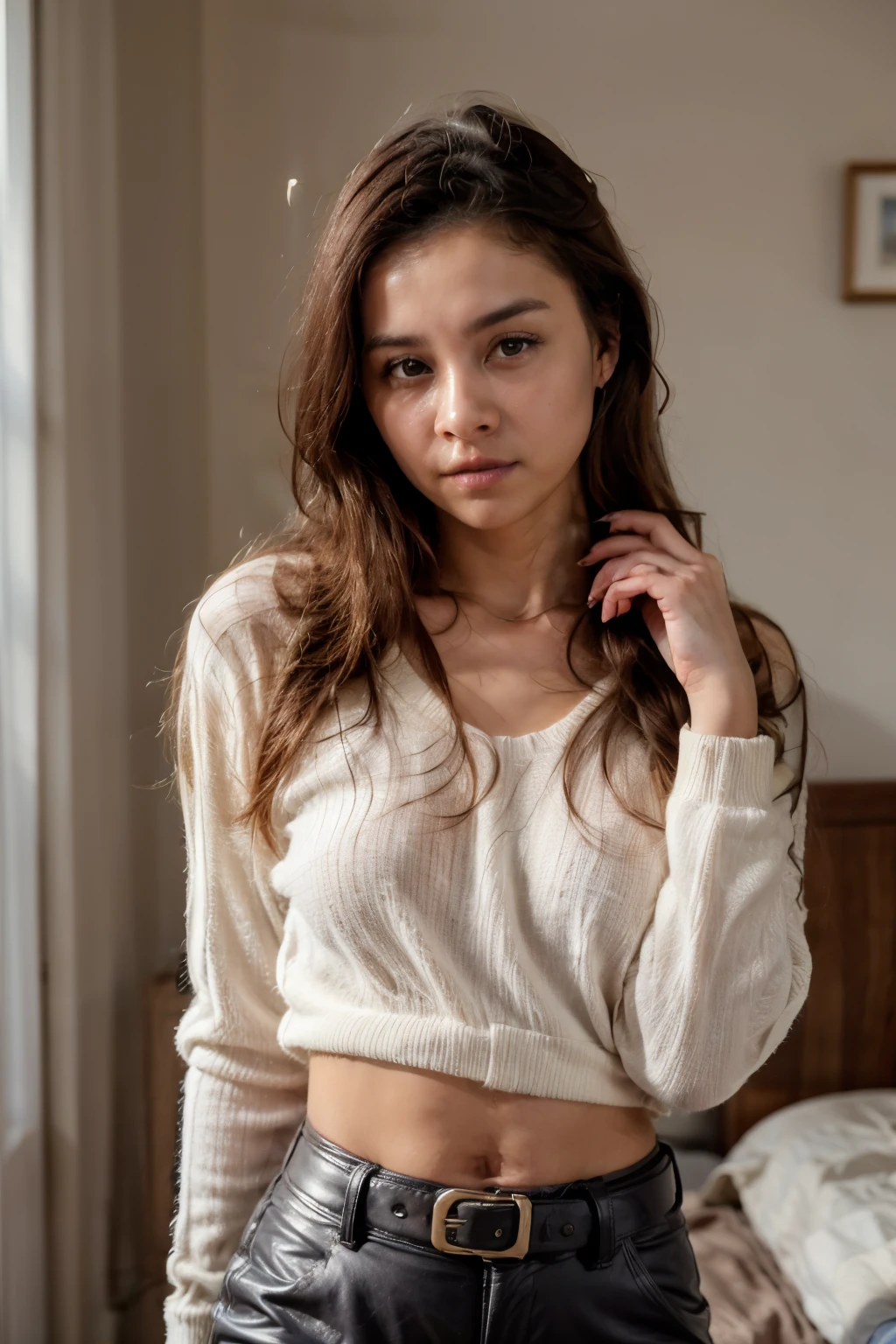 a woman wearing an oversized t-shirt and panties. She is shocked. She is squeezing her breasts with one hand and looking inside her underwear with the other in disbelief