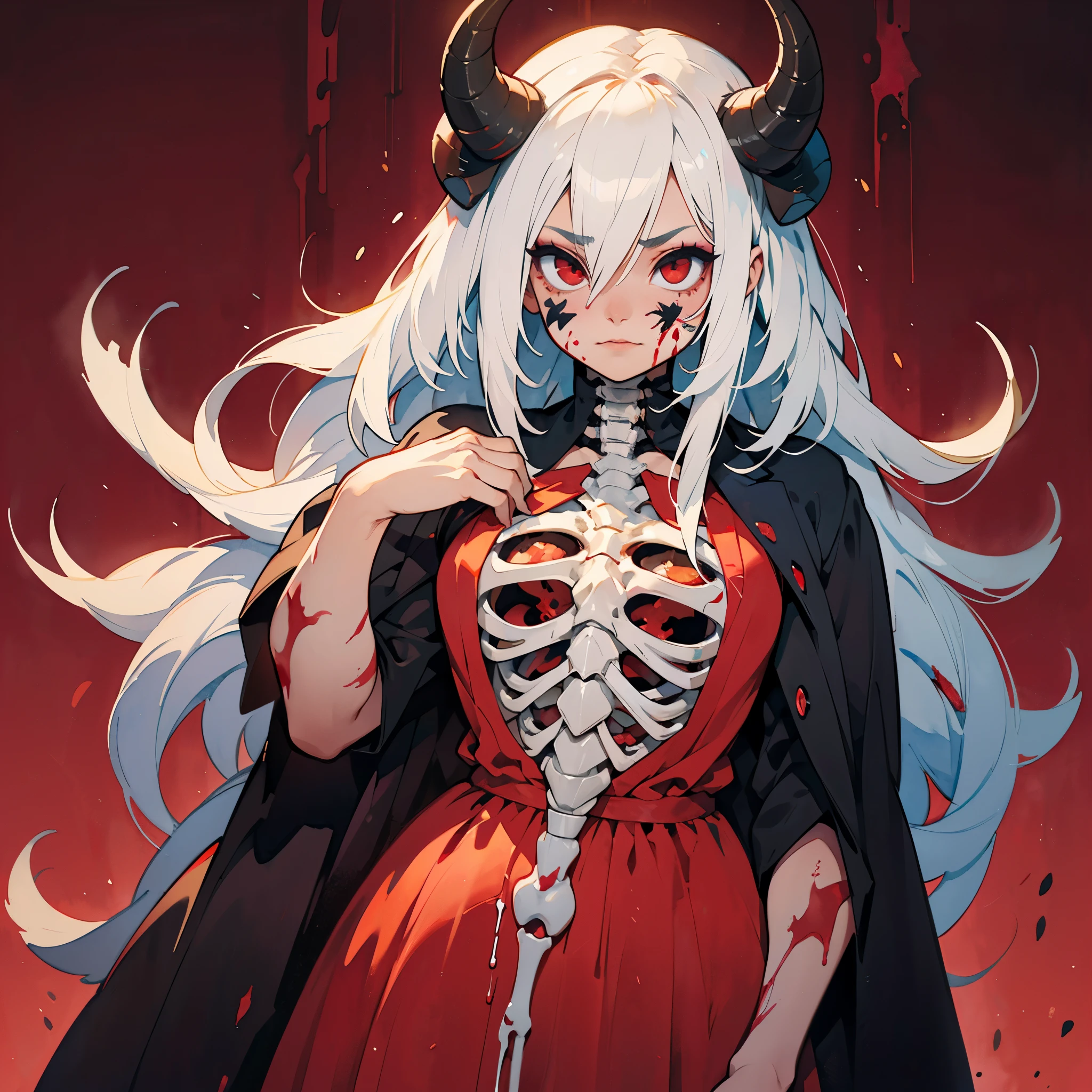 Masterpiece, Hyper detailed, Best quality, UHD, Ultra high resolution, (16K), (((Watercolor:1))), ((anatomically correct)), 1 woman, Devilish Expression, ((Hyper detailed Blood dress:1.5, ribcage, skeleton)), Beautiful face, Busty, Curvy, (Hyper detailed eyes, Red eyes), Longeyelashes, Jewellery, Makeup, Facepaint, Horns, ((Long Hair, White Hair, straight hair)), {{{Dark Lighting}}}, ((Horror setting, Gore, blood splatter, Blood, cuts, hellspawn)), AGGA_ST009