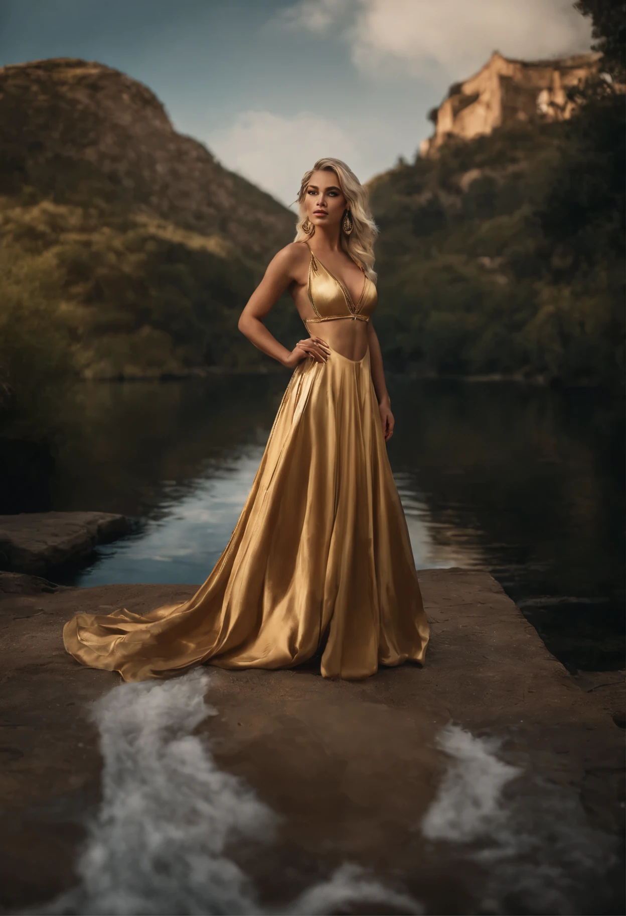 mulher loira com um vestido dourado, V-neckline to the navel, vendas laterais, seis grandes, posando em um campo, inspirado em prostituta dos reis e nobres, obras de arte no estilo de guweiz, princesa de cabelos loiros, olhos azuis, cores vibrantes, karol bak uhd, Deusa Loira, estilo de arte de fantasia, linda donzela de fantasia, wlop e ross tran, blonde elven empress, linda mulher de anime sedutora, inspirado em WLOP, O primeiro trabalho de Guweiz, realistic fantasy rendering, cinematic quality
