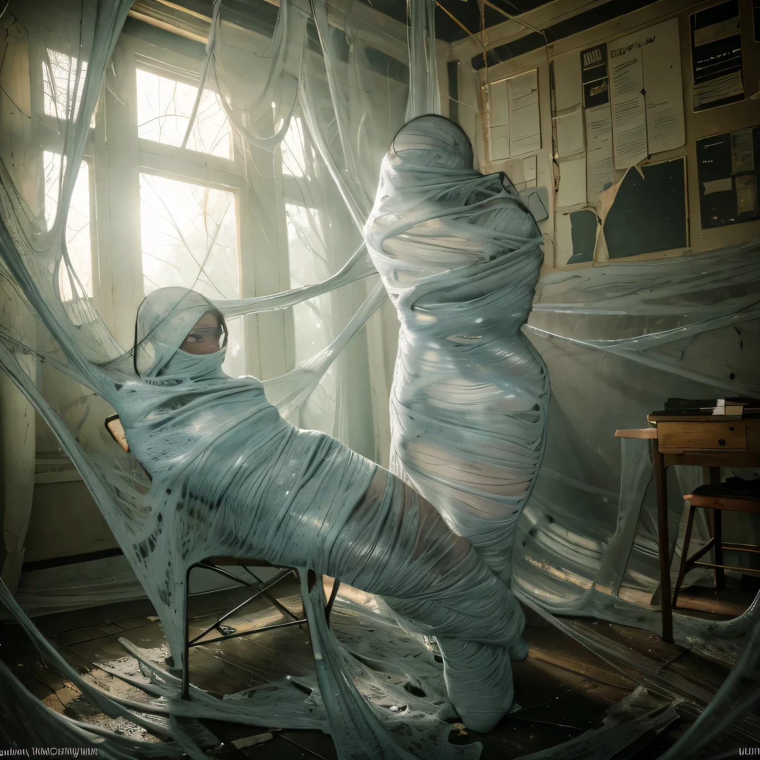 1girl,web covered with dew, dimly lit, eerie atmosphere, dark colors, dusty chalkboard, old desks and chairs, broken windows, torn textbooks, abandoned spider's nest, 2 students in the background studying diligently, rays of sunlight filtering through the cracks. (best quality, highres), (realistic:1.37), oil painting, dramatic lighting, muted tones. (cocoon:1.3)