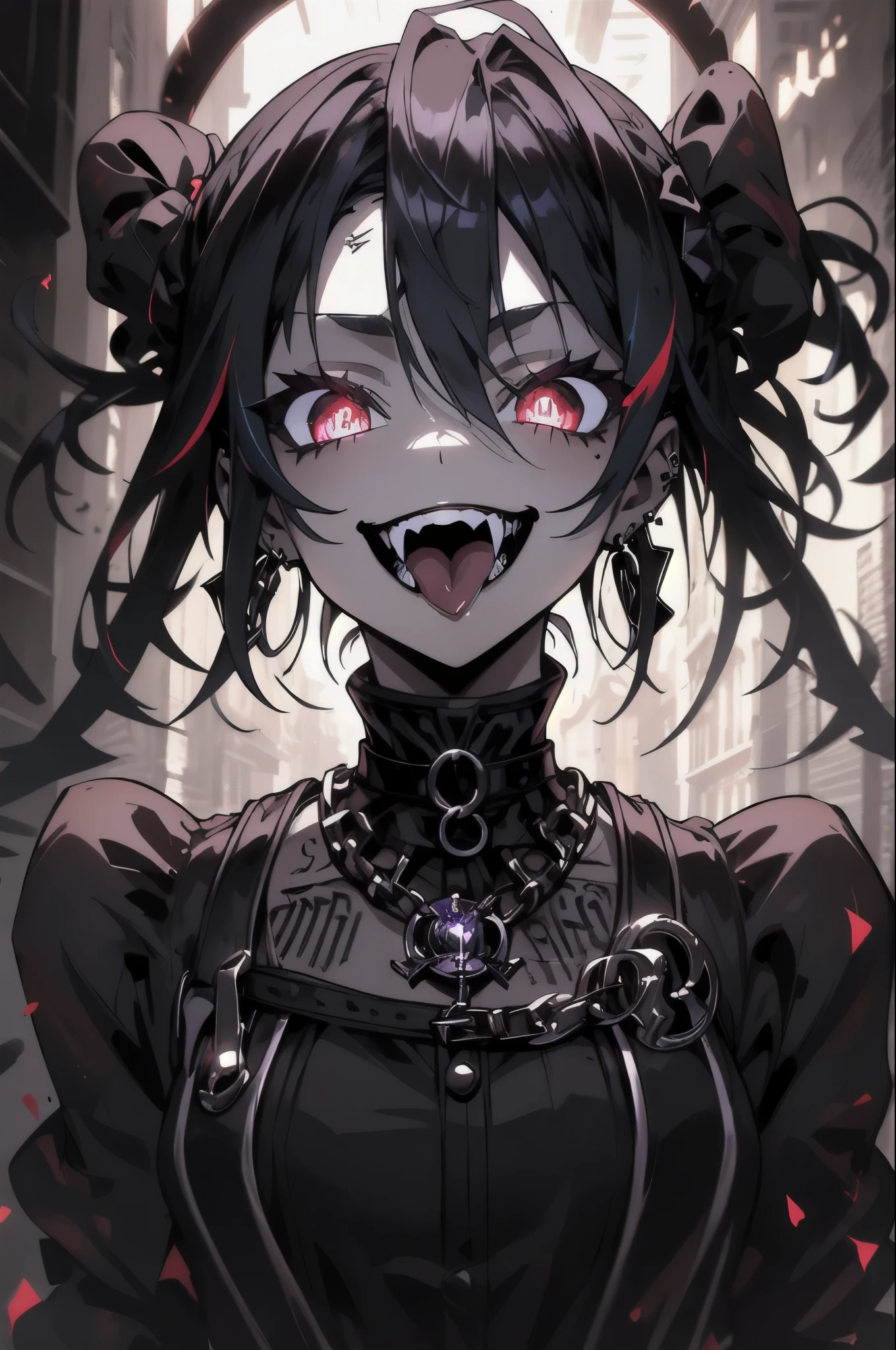 (ultra detallado), (Obra maestra), (Mejor calidad), (Profundidad de campo), (sharp focus), (cinematic lighting), (colores vibrantes), 1 chica, sonrisa loca, colmillos, Lengua fuera, ojos brillantes, Gothic style, maquillaje oscuro, tatuajes negros, piercings de plata, psychopath,