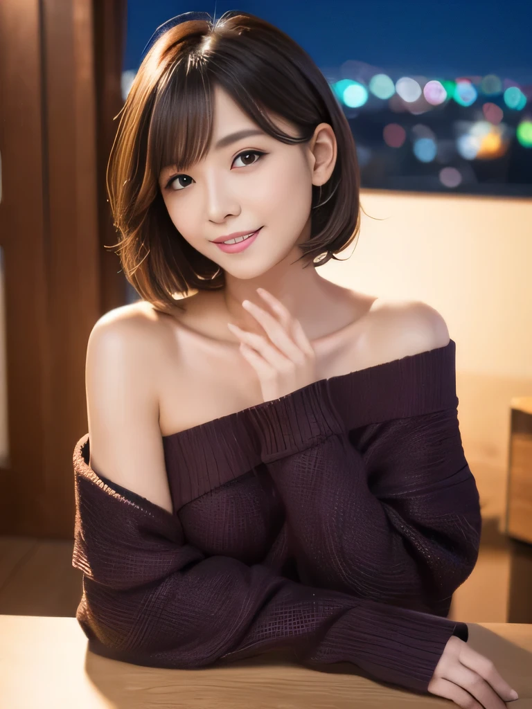 table top, highest quality, shape, Super detailed, finely, High resolution, 8k wallpaper, 完璧なダイナミックな構shape、Mature woman 27 years old cute girl、sweet girl、fiery idol pose、detailed face、Super detailedかわいい目、realistic lips、realistic and beautiful skin、shy smile、wavy brown short cut hair、small breasts、bold sexy pose、Sweater with one shoulder exposed、Hill with a night view、