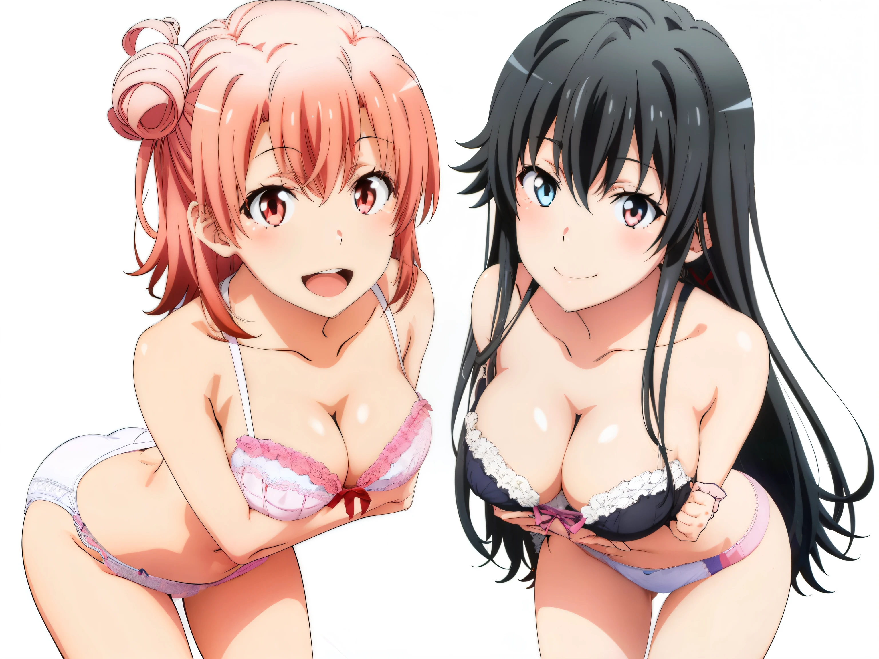 ((2 girls:1.0)), (Yuigahama Yui shapely breasts),(Yukinoshita Yukino),no background,In underwear,white panties,,Ribbon on panties,pink panties,thighs,knees,calf,front,looking at camera,(high angle),open your mouth,smile,Panoramic view of the head,beautiful eyes