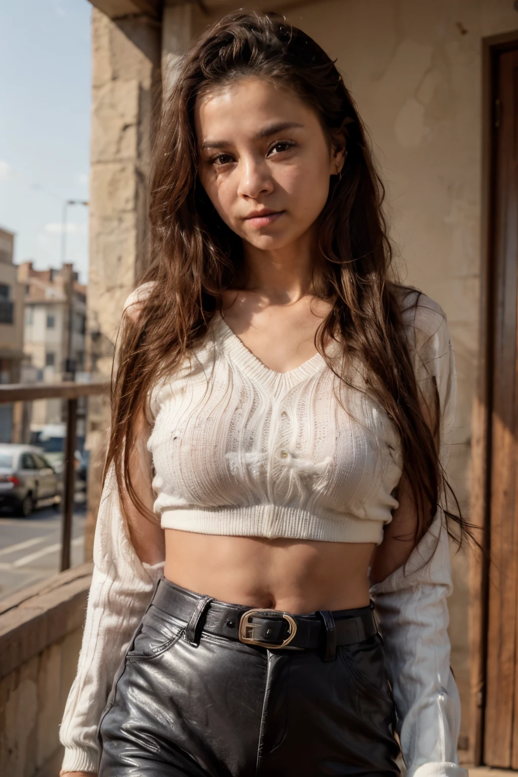 bigfaketits, primeiro plano: Uma linda mulher europeia, 18 anos, cabelos ondulados molhados ao vento. She is a men's magazine model, She has a subtle smile and flirts with the camera, (She wears casual shirt with long woolen sweater and latex pants with big belt:1.2),fundo lindo quarto moderno, Olhos perfeitos, perfect hands, corpo perfeito, cabelo perfeito, peito perfeito, hair behind the ear, Ultra HD, Retina, obra de arte, Preciso, anatomicamente correto, Pele Texturizada, Super detalhe, Detalhes altos, alta qualidade, premiado, melhor qualidade, high resolution, 16K, 8K,