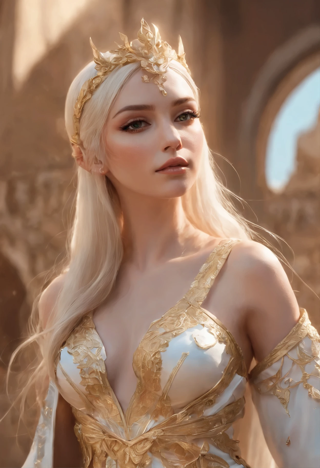 mulher loira com um vestido dourado, V-neckline to the navel, vendas laterais, seis grandes, posando em um campo, inspirado em prostituta dos reis e nobres, obras de arte no estilo de guweiz, princesa de cabelos loiros, olhos azuis, cores vibrantes, karol bak uhd, Deusa Loira, estilo de arte de fantasia, linda donzela de fantasia, wlop e ross tran, blonde elven empress, linda mulher de anime sedutora, inspirado em WLOP, O primeiro trabalho de Guweiz, realistic fantasy rendering, cinematic quality