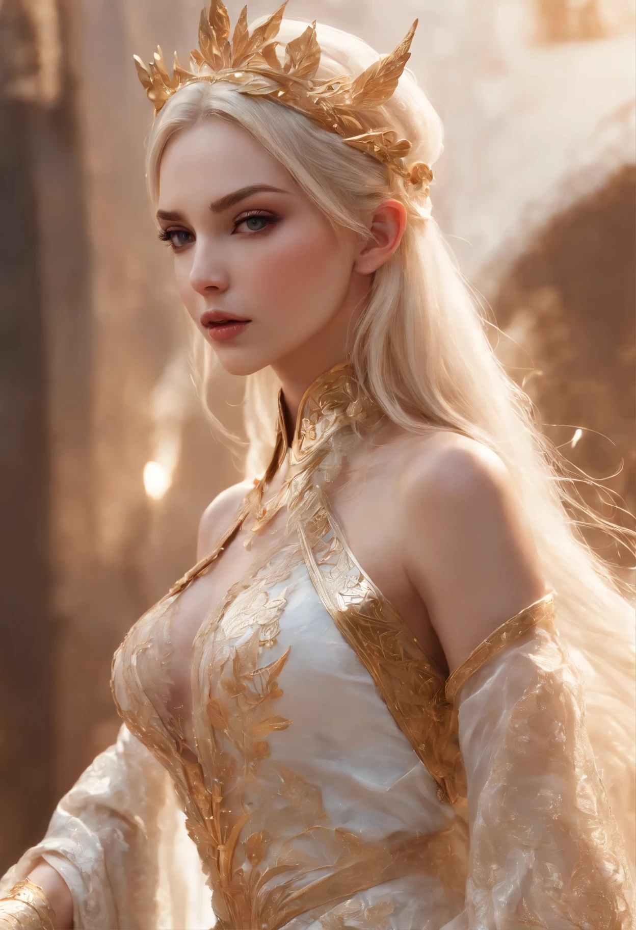 mulher loira com um vestido dourado, V-neckline to the navel, vendas laterais, seis grandes, posando em um campo, inspirado em prostituta dos reis e nobres, obras de arte no estilo de guweiz, princesa de cabelos loiros, olhos azuis, cores vibrantes, karol bak uhd, Deusa Loira, estilo de arte de fantasia, linda donzela de fantasia, wlop e ross tran, blonde elven empress, linda mulher de anime sedutora, inspirado em WLOP, O primeiro trabalho de Guweiz, realistic fantasy rendering, cinematic quality