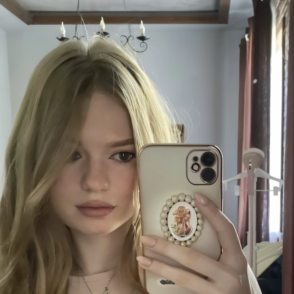 Blonde woman taking selfie in mirror with phone, The picture is very, very low quality, Ellie Bamber, Ellie Bamber fairy, iPhone selfie, selfie mirror, styled by Petra Collins, with pale skin, Elle Fanning), selfie of a young woman, Elle Fanning as an android, 16 years, very accurate photo, 18 years, leaked image