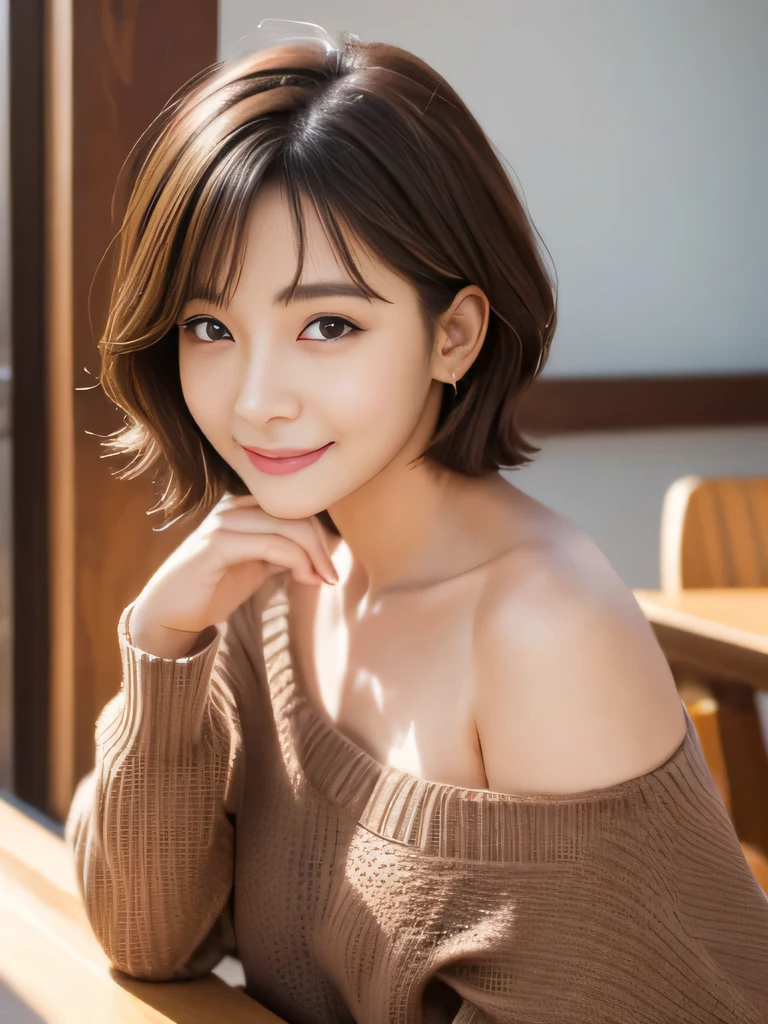 table top, highest quality, shape, Super detailed, finely, High resolution, 8k wallpaper, 完璧なダイナミックな構shape、Mature woman 27 years old cute girl、sweet girl、fiery idol pose、detailed face、Super detailedかわいい目、realistic lips、realistic and beautiful skin、shy smile、wavy brown short cut hair、small breasts、bold sexy pose、Sweater with one shoulder exposed、open cafe