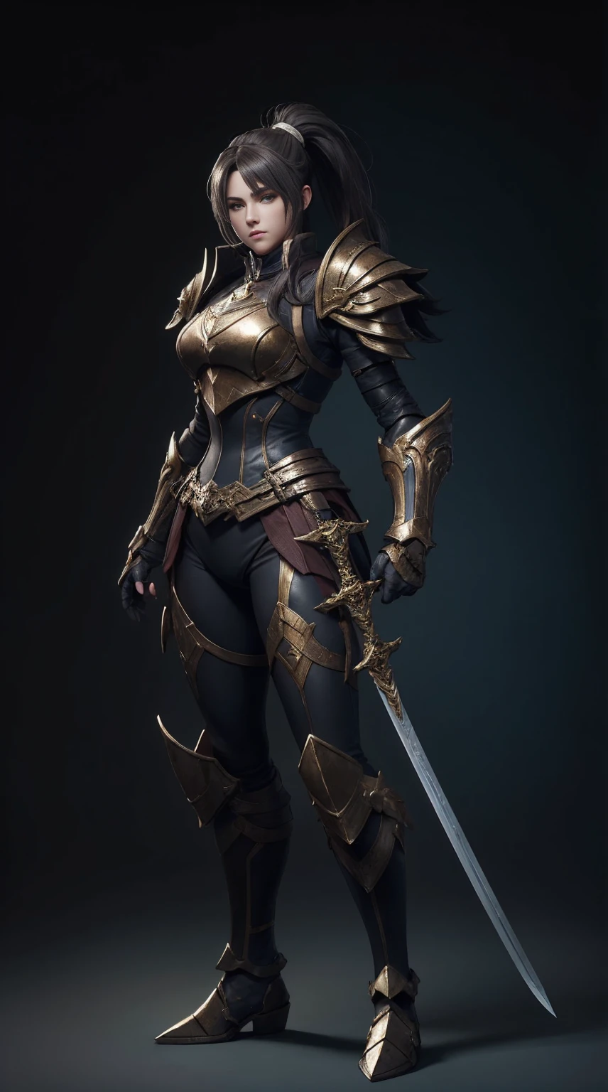 (((full body photo))) Game standing drawing,clean backdrop,solid color backdrop,Plate armor heavy fighter,Stand with a sword,femele,The ponytail is fluttering and messy,Heroic,Full body like,The face is clear and accurate,detail in face,The armor details are detailed,The two-handed greatsword is depicted in detail,super-fine,16K resolution,high qulity,movie lighting,High picture detail,dynamic viewing angle,Detailed pubic hair,Epic shooting,oc rendered