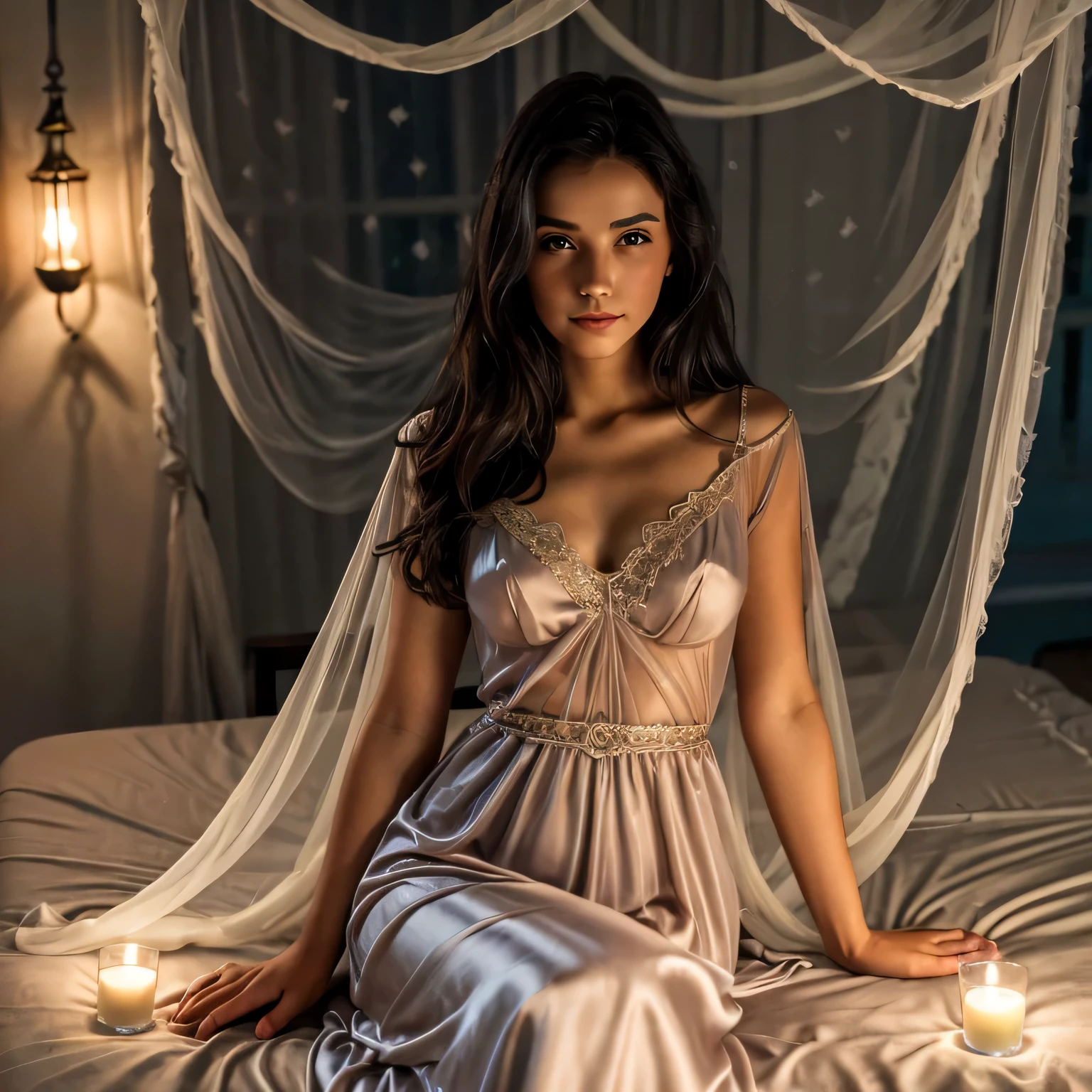 1girl,(bright lighting,romantic setting),dreamy background,,dark hair, mesmerizing gaze, , soft skin, alluring beauty, artistic portrait, high-quality image, vibrant colors,translucent long silk gown, mosquito net, lying down, romantic bedroom, 