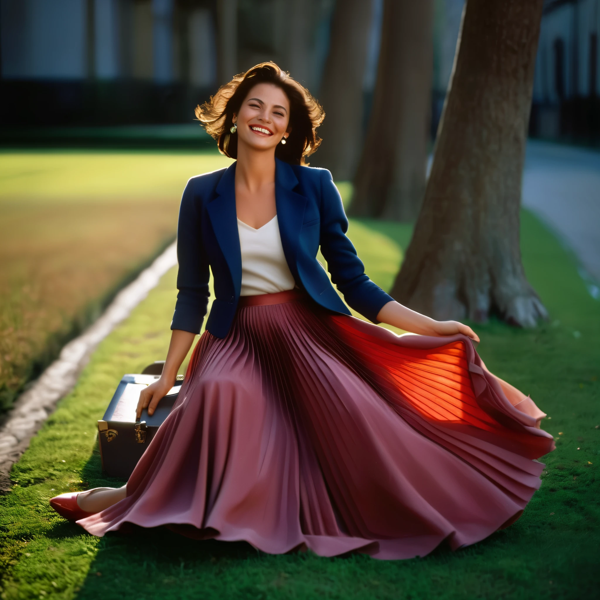 A smiling, authentic, (shy:1,3), kind, beautiful woman, is passionately in love with her skirt, sitting down on the ground while wind lifts her skirt, wearing short blazer and very, very detailed (long (fully pleated) full circle skirt) and (low heeled court shoes), very, very intricate hyper-detailed symmetric (attractive graceful young feminine face) with (sad, tired eyes and a loving smile), very voluptuous breasts, full of empathy and compassion and love, (pronounced (feminine) features), (highly detailed ultra accurate realistic) hands and fingers, (windy), epic composition, highly detailed attributes, (35mm f1.4 Kodak portra 400 photograph), extremely high quality RAW photograph, highly detailed atmosphere, sci-fi, cinematic shot, dynamic lighting, 75mm, Technicolor, Panavision, cinemascope, sharp focus, fine details, 8k, HDR, realism, realistic, key visual, film still, superb cinematic color grading, depth of field