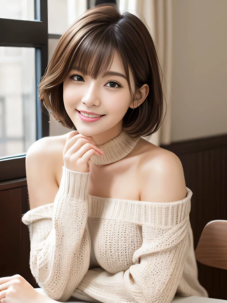 table top, highest quality, shape, Super detailed, finely, High resolution, 8k wallpaper, 完璧なダイナミックな構shape、Mature woman 27 years old cute girl、sweet girl、fiery idol pose、detailed face、Super detailedかわいい目、realistic lips、realistic and beautiful skin、shy smile、wavy brown short cut hair、small breasts、bold sexy pose、Sweater with one shoulder exposed、open cafe