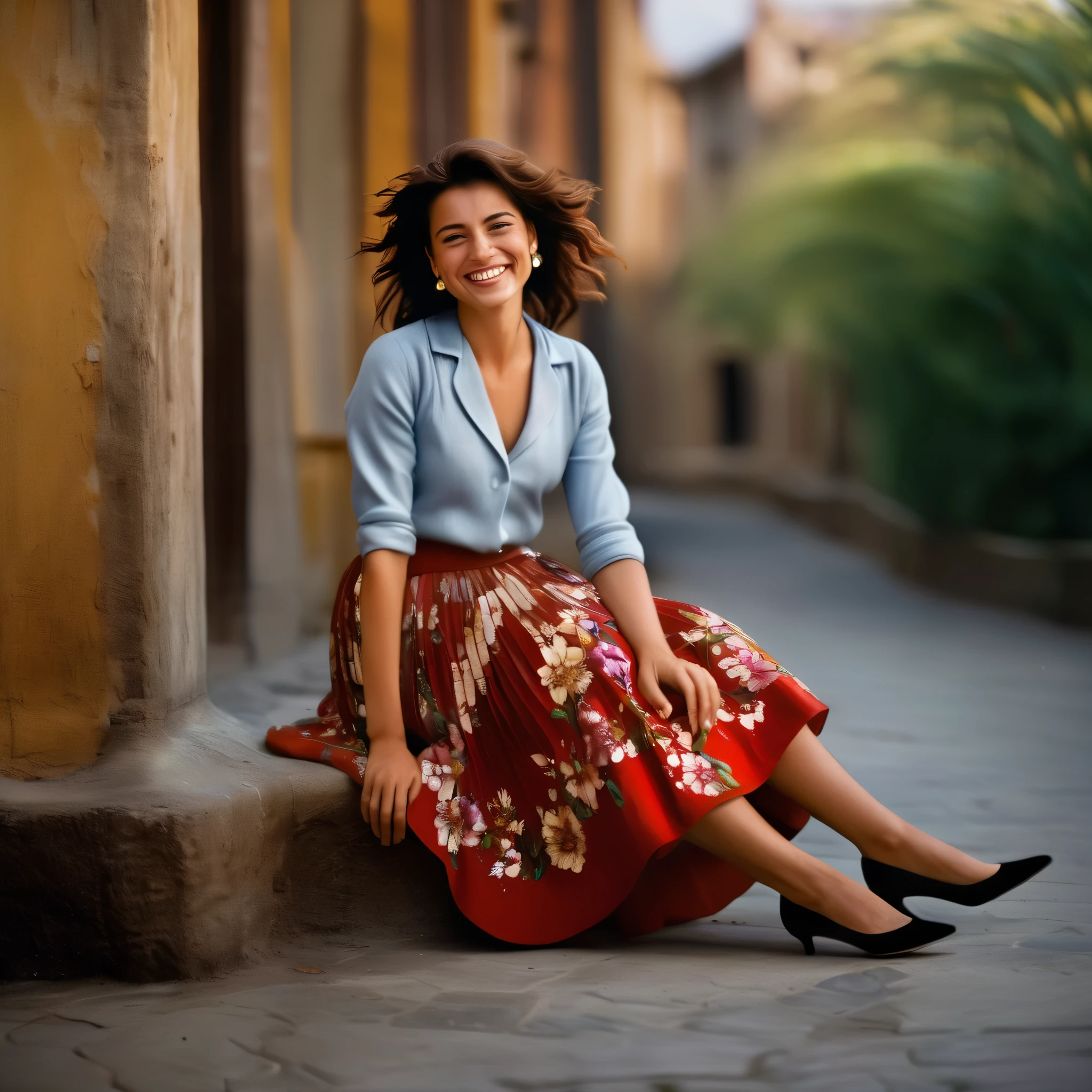 A smiling, authentic, (shy:1,3), kind, beautiful woman, is passionately in love with her skirt, sitting down on the ground while wind lifts her skirt, wearing short blazer and very, very detailed (long (fully pleated) full circle skirt) and (low heeled court shoes), very, very intricate hyper-detailed symmetric (attractive graceful young feminine face) with (sad, tired eyes and a loving smile), very voluptuous breasts, full of empathy and compassion and love, (pronounced (feminine) features), (highly detailed ultra accurate realistic) hands and fingers, (windy), epic composition, highly detailed attributes, (35mm f1.4 Kodak portra 400 photograph), extremely high quality RAW photograph, highly detailed atmosphere, sci-fi, cinematic shot, dynamic lighting, 75mm, Technicolor, Panavision, cinemascope, sharp focus, fine details, 8k, HDR, realism, realistic, key visual, film still, superb cinematic color grading, depth of field