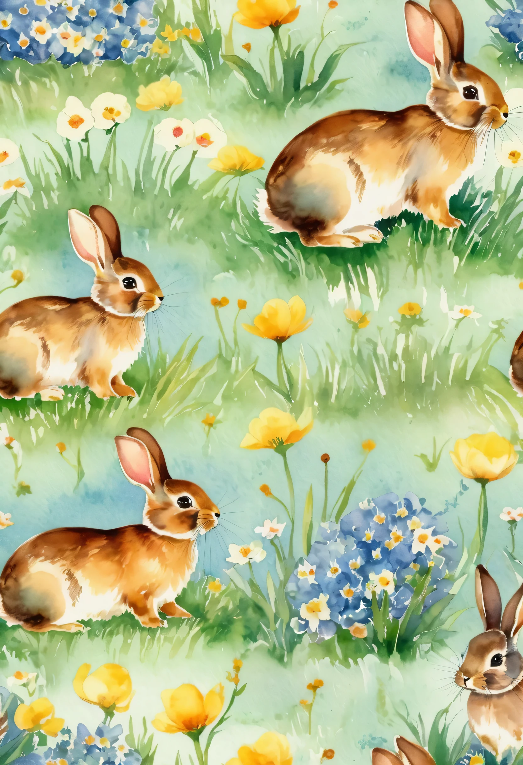 Fonds d&#39;écran lapins aquarelles vintage dans un champ de printemps
