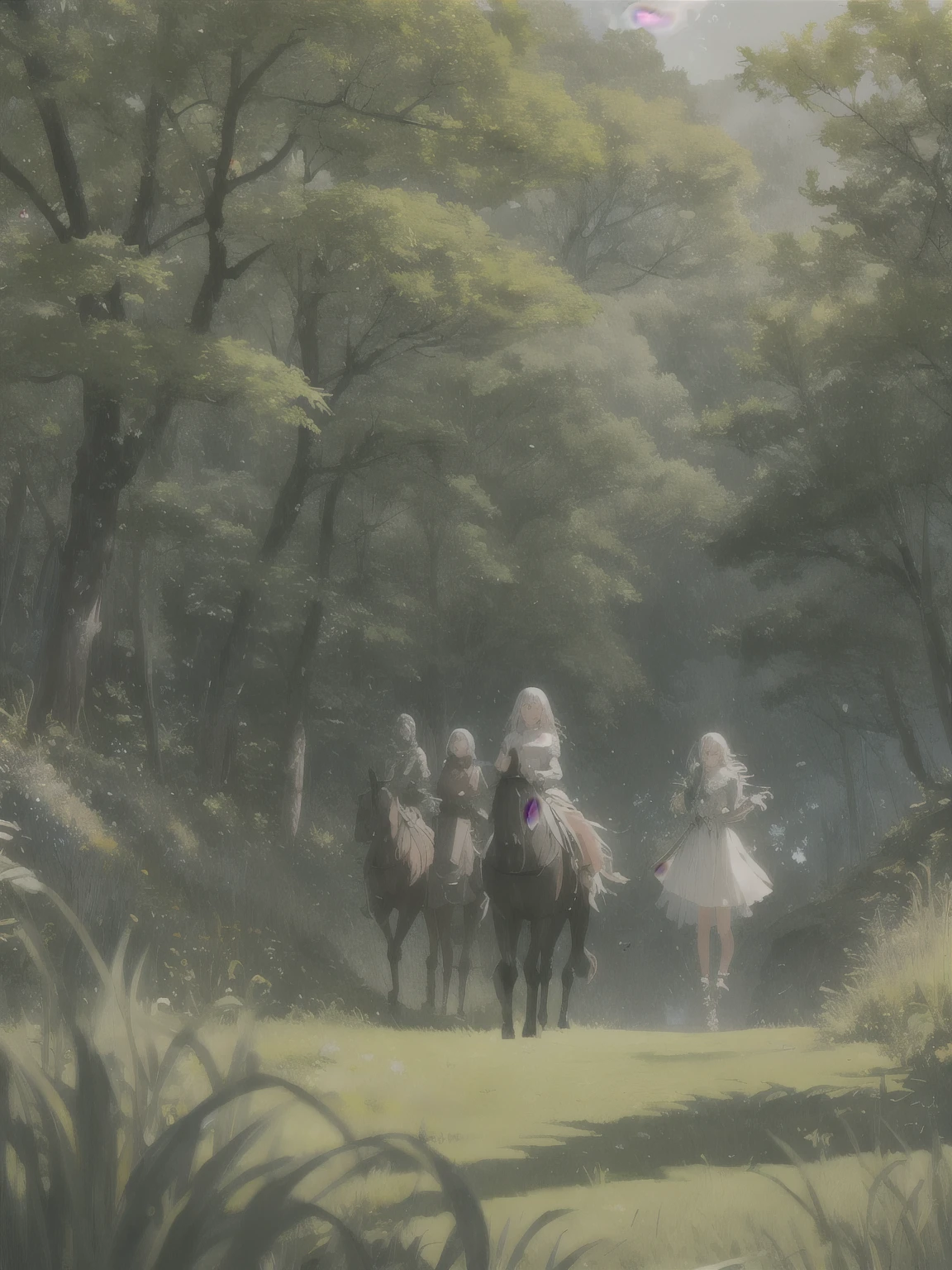 In a green meadow stands a girl leading a group of knights.
BREAK With a brave expression, she guides them towards their destiny.
BREAK Behind her, a green forest stretches and beyond, montanhas se erguem ao longe.
BREAK The most appropriate effect for this scene would be a watercolor painting technique to capture the softness of the meadow and the fluidity of movement.