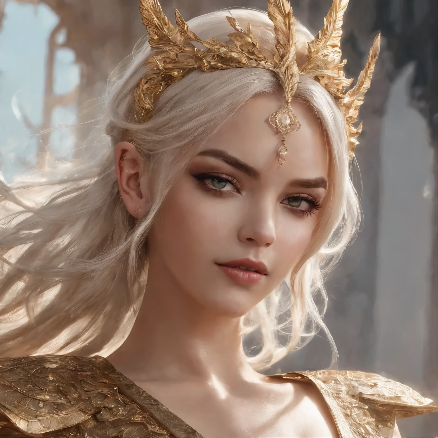 mulher loira com um vestido dourado, V-neckline to the navel, ((fendas laterais)), seios grandes, posando em um campo, inspirado em prostituta dos reis e nobres, obras de arte no estilo de guweiz, princesa de cabelos loiros, olhos azuis, cores vibrantes, karol bak uhd, Deusa Loira, estilo de arte de fantasia, linda donzela de fantasia, wlop e ross tran, blonde elven empress, linda mulher de anime sedutora, inspirado em WLOP, O primeiro trabalho de Guweiz, realistic fantasy rendering, cinematic quality