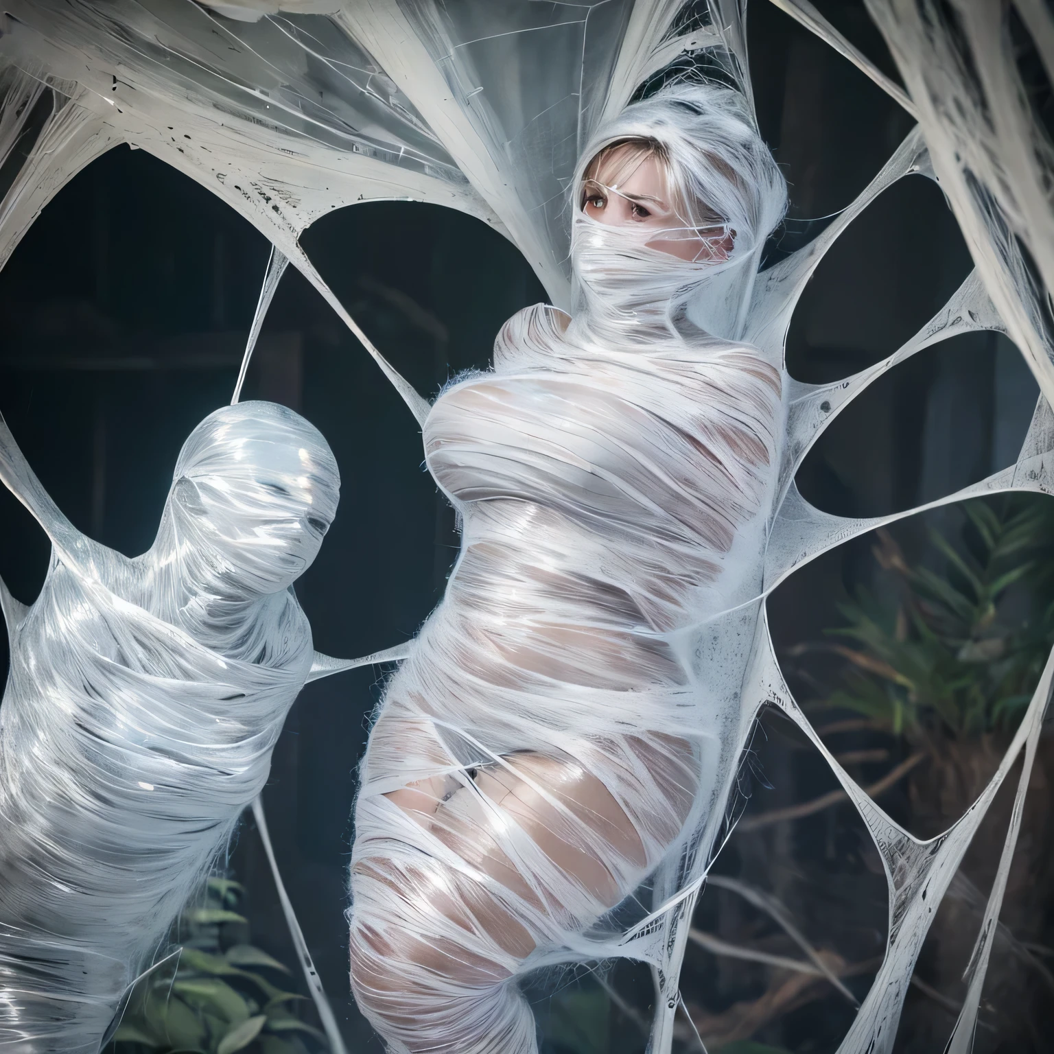 1girl,web covered with dew, dimly lit, eerie atmosphere, dark colors, dusty chalkboard, old desks and chairs, broken windows, torn textbooks, abandoned spider's nest, 2 students in the background studying diligently, rays of sunlight filtering through the cracks. (best quality, highres), (realistic:1.37), oil painting, dramatic lighting, muted tones. (cocoon:1.3)